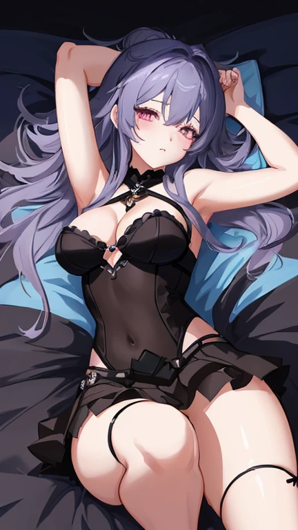 a woman that is laying down on a bed, she is facing the ceiling, she is wearing a miniskirt, Guviz-style artwork, style of anime4 K, Ross Tran 8 K, Digital anime art, Guweiz in Pixiv ArtStation, Guweiz on ArtStation Pixiv, e - girl, E-Girl, anime girl, Fanart Meilleure ArtStation，blacksilk [[view from above]]