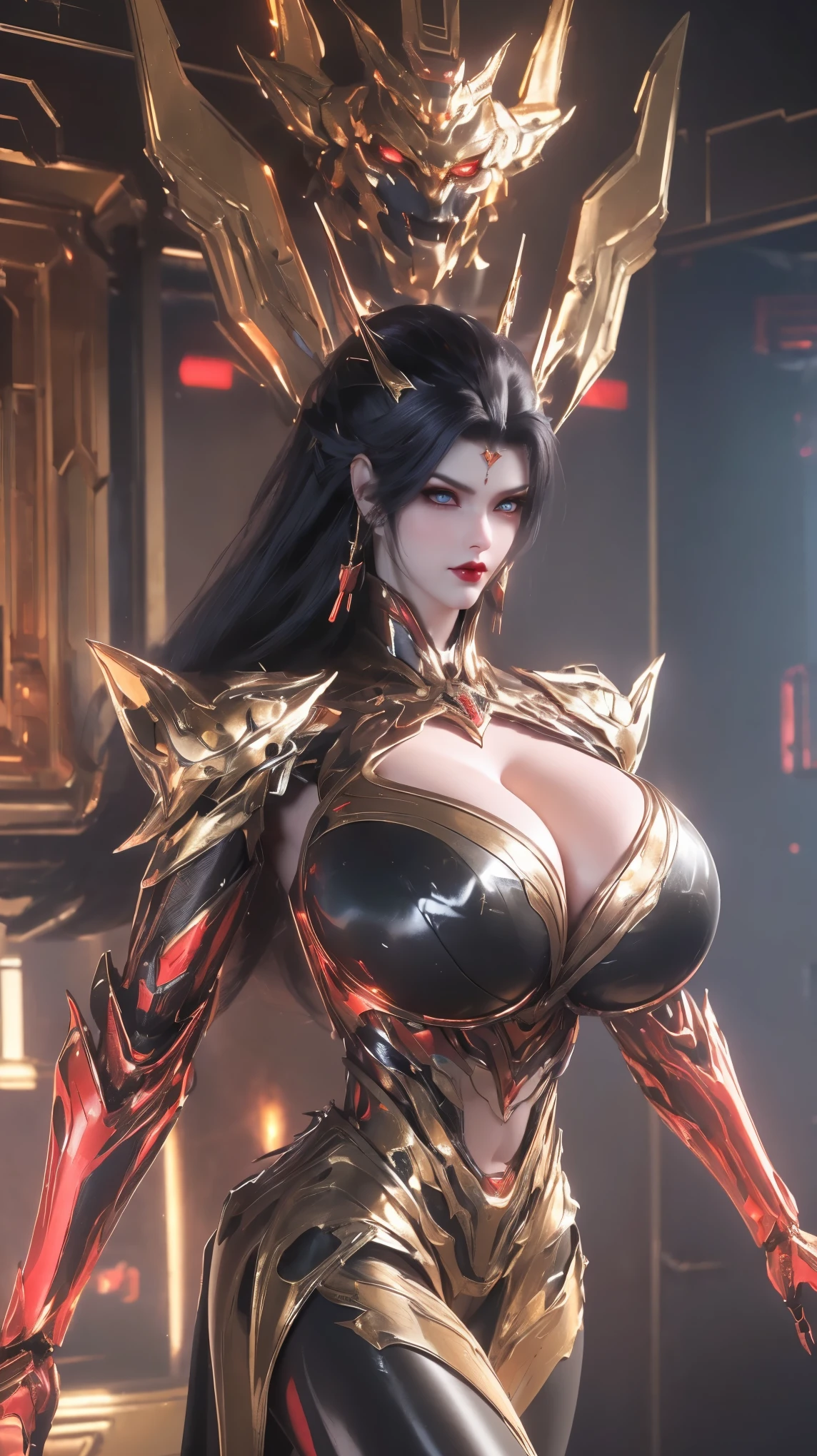 1GIRL,SOLO,UPPER BODY, ((BEAUTY BLACK HAIR)), (GIGANTIC FAKE BREAST:1.5), ((CLEAVAGE:1.5)), (MUSCLE ABS:1.3), (LED RED GOLDEN SHINY FUTURISTIC MECHA CYBER CROP TOP, BLACK MECHA SKINTIGHT LEGGINGS:1.5), (BUSTY PERFECT BODY MATURE WOMAN, SWEATY BUSTY BODY:1.2), (LOOKING AT VIEWER:1.3), (female focus:0.8), (HALLROOM OF FUTURISTIC SPACE STATION:1), (BRIGHT LIGHT WHITE_ROOM:1.3), HYPER TEXTURE, (4X MSAA), ((UNREAL ENGINE 5 RENDER)), PHYSICALLY-BASED RENDERING, ULTRA HIGHT DEFINITION, 16K, 1080P.