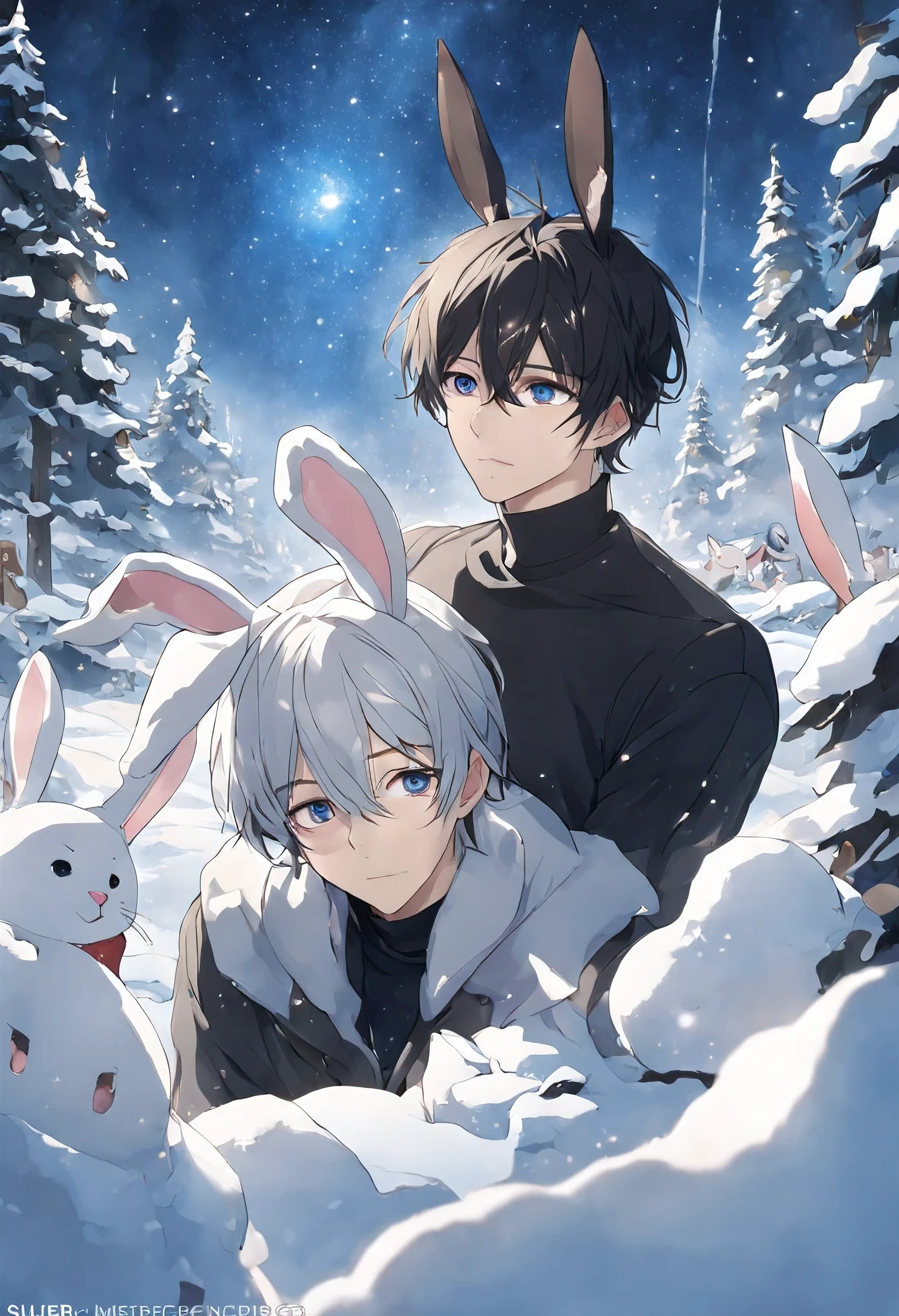 2 Adult men: a handsome man with rabbit ears, silver hair, and blue eyes, and a handsome man with black hair and blue eyes、 (masterpiece)、(highest quality)、(super detailed)、place、、official art、、Gay Couple、BL、Yaoi、30 years old、hanging eyes、umirk、Black shirt with turtleneck、coat、Scarf、detailed eyes、delicate expression、、starry sky、winter、snow scene、Crystal of snow、Rabbits are gathering