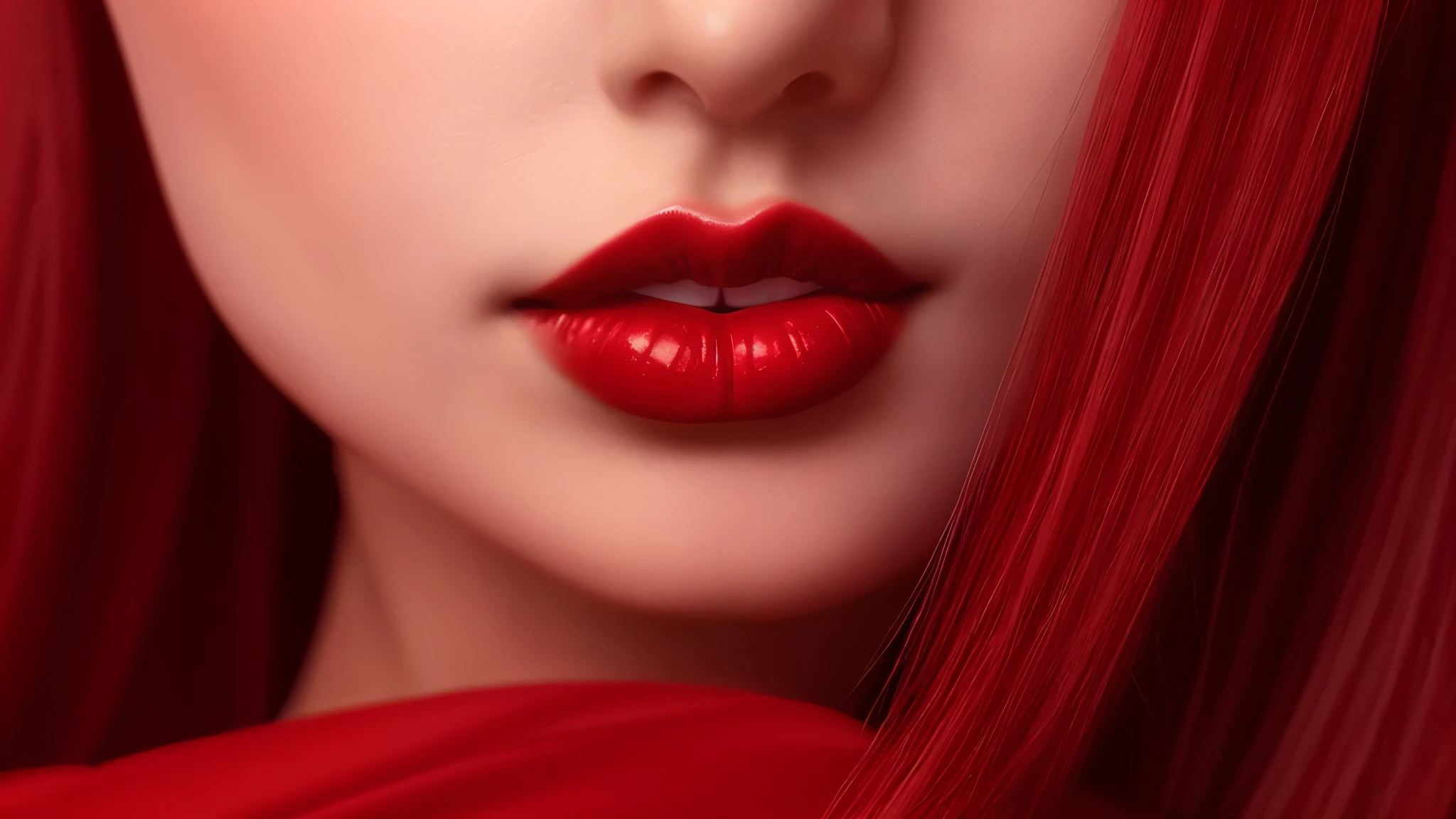 there is a woman with red lipstick and a red dress, detailed face with red lips, red realistic 3 d render, sexy red lips, luscious lips, luscious red lips, big red lips, red lips, red lipstick on face, sexy lips, thick red lips, glossy digital painting, beautiful lips, light-red lips, glossy lips, deep red lips