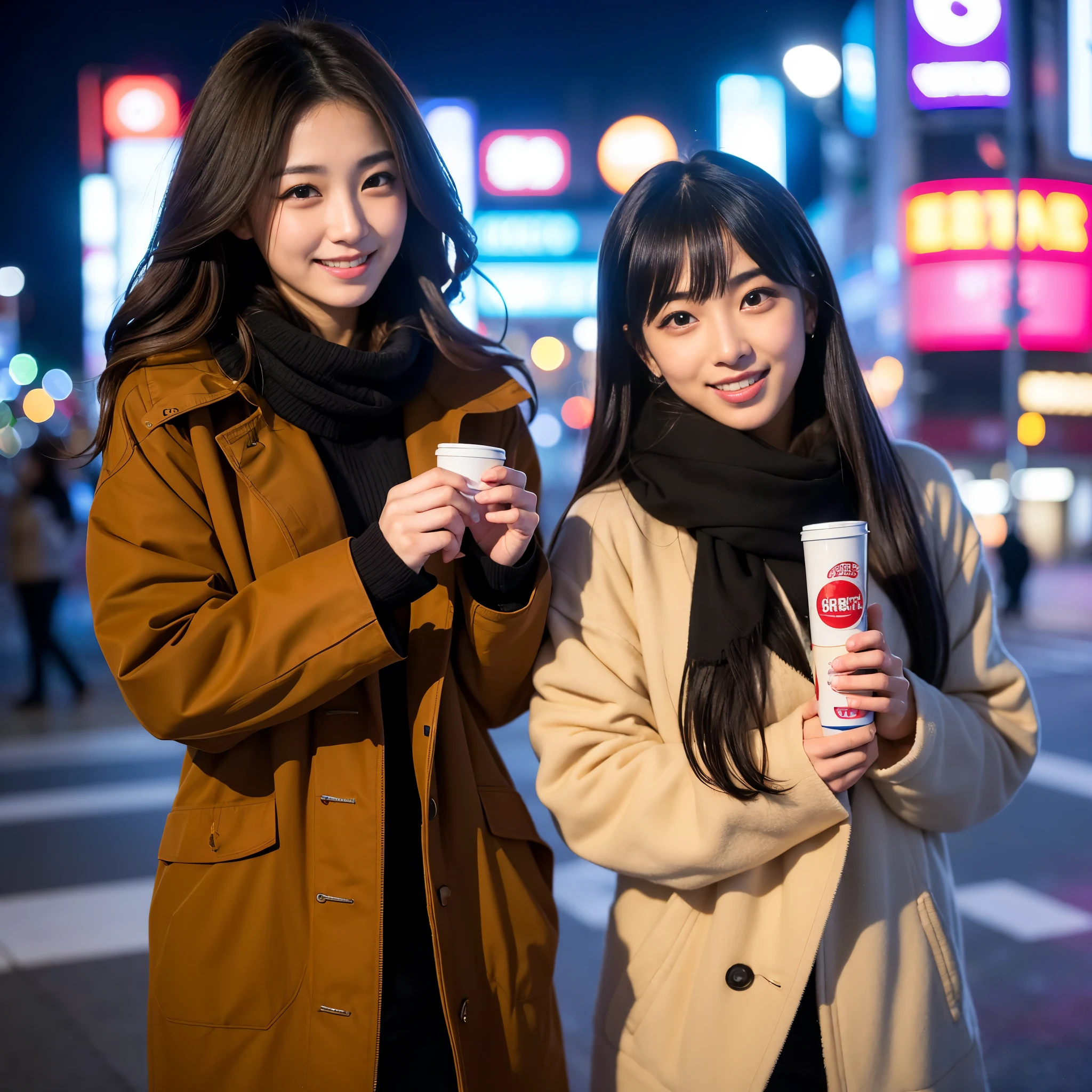 Best-quality, Masterpiece, Ultra-High-Resolution, (Photorealistic:1.4), Raw-Photo, A lesbian couple, 18-years-old girl and 25-years-old woman, Late at night, In the middle of winter, At Hiroshima's entertainment distric, (The 18-year-old girl, the most famous Japanese idol, wearing cute down-jacket, extremely beautiful black-short-cut-haired, extremely cute face like the most popular Japanese idol, extremely beautiful big-black-eyes, extremely beautiful skins, extremely beautiful long-eyelashes, extremely beautiful lips, skinny-body),
(The 25-year-old woman, the most famous Japanese actress, wearing expensive-coat and business suit, extremely beautiful brown-long-haired, extremely beautiful face like the most popular Japanese actress, extremely beautiful big-solid-circle-eyes, extremely beautiful skins, extremely beautiful long-eyelashes, extremely beautiful lips, perfect-proportion),
Both wearing matching scarves, both drunk, both walking staggered, looking at viewer, both laughing-out-loud