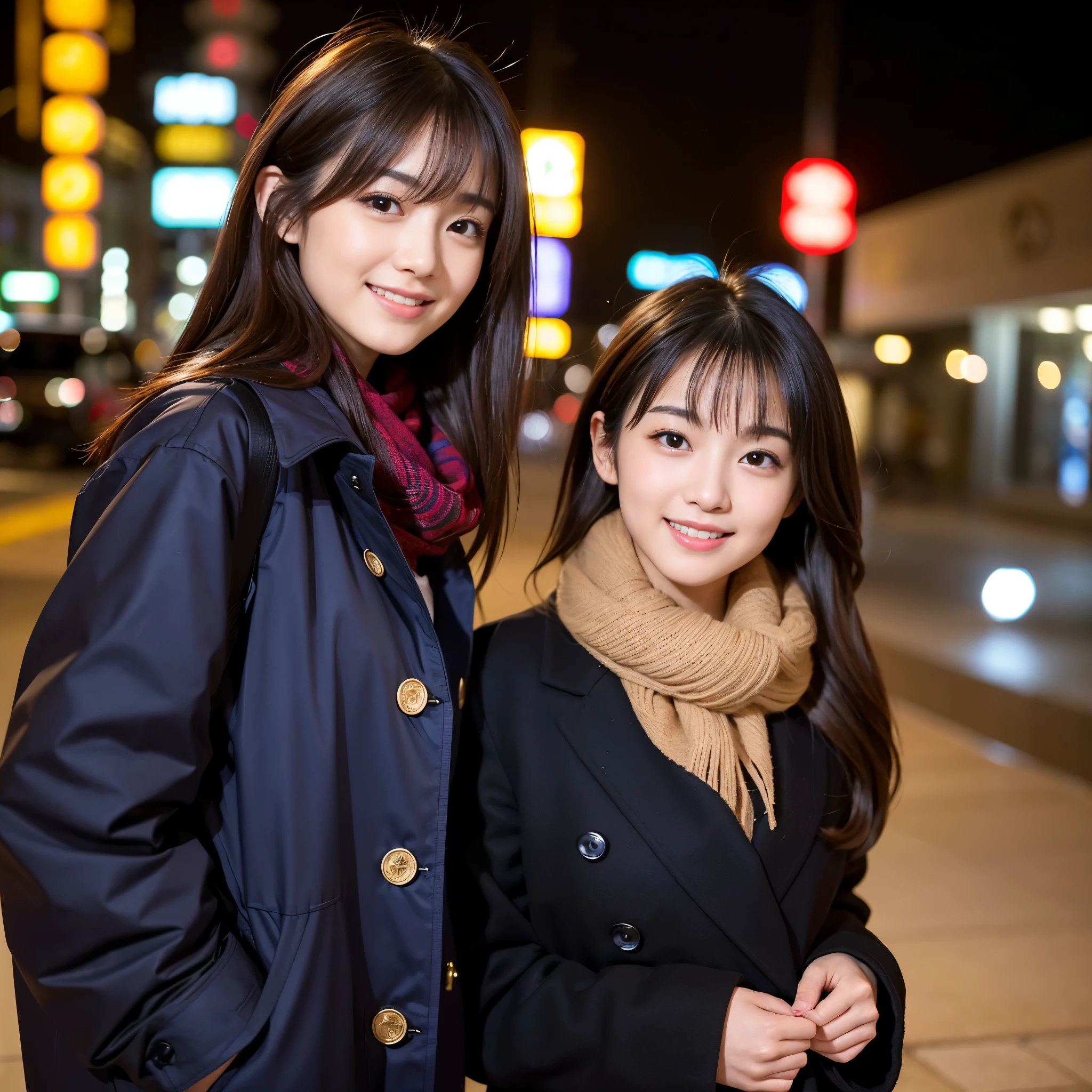 Best-quality, Masterpiece, Ultra-High-Resolution, (Photorealistic:1.4), Raw-Photo, A lesbian couple, 18-years-old girl and 25-years-old woman, Late at night, In the middle of winter, At Hiroshima's entertainment distric, (The 18-year-old girl, the most famous Japanese idol, wearing cute down-jacket, extremely beautiful black-short-cut-haired, extremely cute face like the most popular Japanese idol, extremely beautiful big-black-eyes, extremely beautiful skins, extremely beautiful long-eyelashes, extremely beautiful lips, skinny-body),
(The 25-year-old woman, the most famous Japanese actress, wearing expensive-coat and business suit, extremely beautiful brown-long-haired, extremely beautiful face like the most popular Japanese actress, extremely beautiful big-solid-circle-eyes, extremely beautiful skins, extremely beautiful long-eyelashes, extremely beautiful lips, perfect-proportion),
Both wearing matching scarves, both drunk, both walking staggered, looking at viewer, both laughing-out-loud