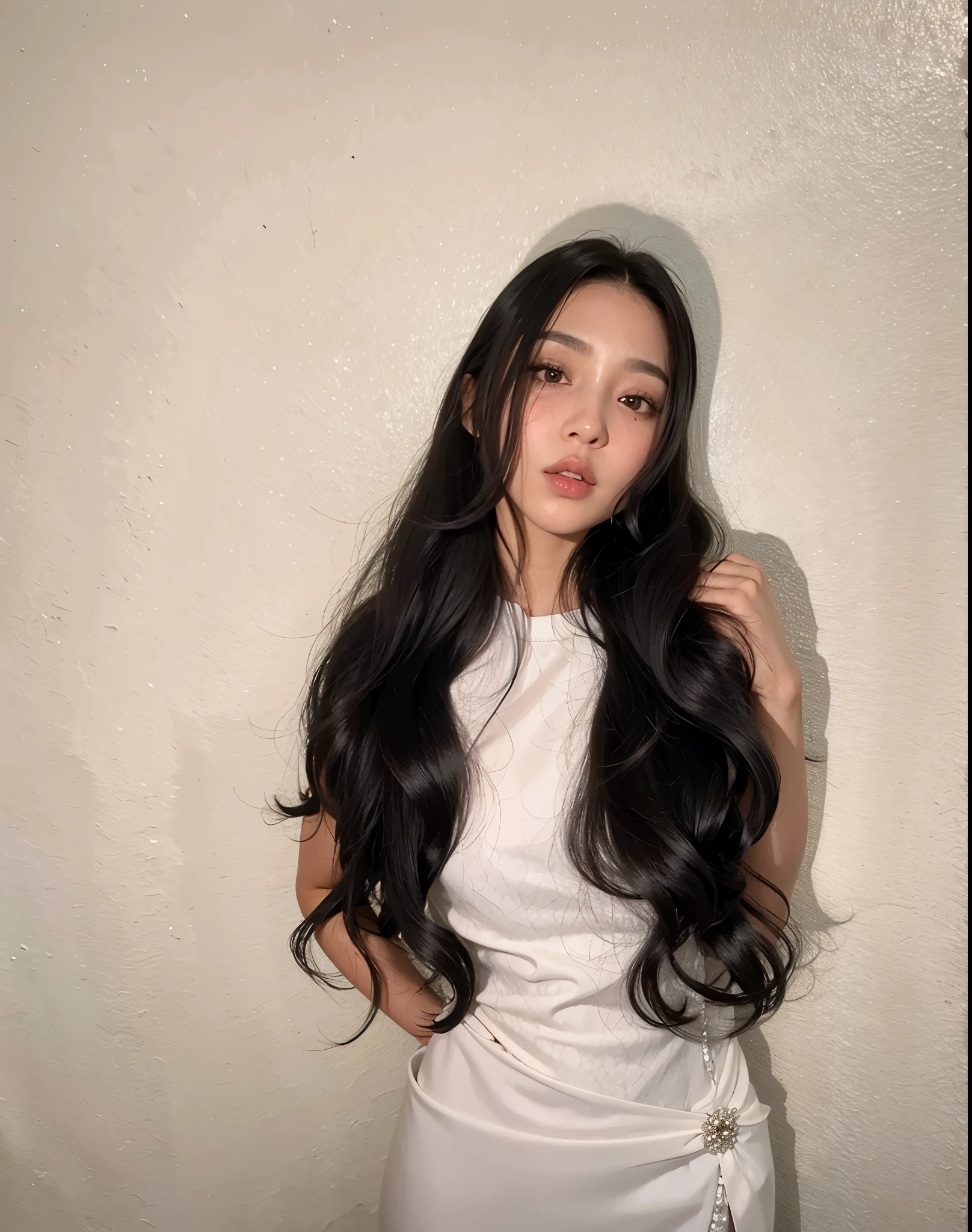 Mujer araffe con cabello largo y negro y un vestido blanco lanzando un beso., con cabello largo, con pelo largo y rizado, asian girl con cabello largo, pelo largo y negro ondulado, cabello ondulado extendido, Cabello ondulado largo, pelo largo y negro ondulado, pelo negro largo ondulado, con pelo largo y oscuro, Peinado largo, pelo largo atractivo, peinado de corte hime blanco