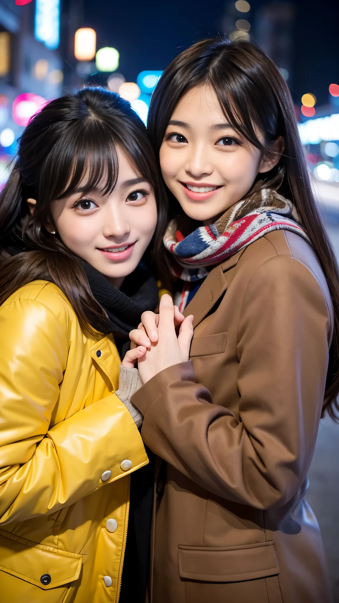 Best-quality, Masterpiece, Ultra-High-Resolution, (Photorealistic:1.4), Raw-Photo, A lesbian couple, 18-years-old girl and 25-years-old woman, Late at night, In the middle of winter, At Hiroshima's entertainment distric, (The 18-year-old girl, the most famous Japanese idol, wearing cute down-jacket, extremely beautiful black-short-cut-haired, extremely cute face like the most popular Japanese idol, extremely beautiful big-black-eyes, extremely beautiful skins, extremely beautiful long-eyelashes, extremely beautiful lips, skinny-body),
(The 25-year-old woman, the most famous Japanese actress, wearing expensive-coat and business suit, extremely beautiful brown-long-haired, extremely beautiful face like the most popular Japanese actress, extremely beautiful big-solid-circle-eyes, extremely beautiful skins, extremely beautiful long-eyelashes, extremely beautiful lips, perfect-proportion),
Both wearing matching scarves, both drunk, both walking staggered, looking at viewer, both laughing-out-loud
