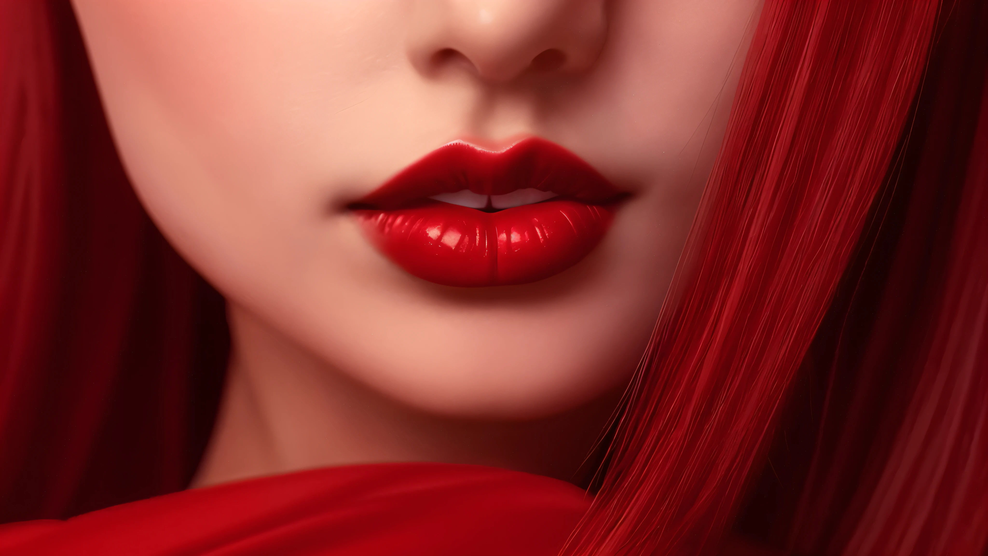 there is a woman with red lipstick and a red dress, detailed face with red lips, red realistic 3 d render, sexy red lips, luscious lips, luscious red lips, big red lips, red lips, red lipstick on face, sexy lips, thick red lips, glossy digital painting, beautiful lips, light-red lips, glossy lips, deep red lips