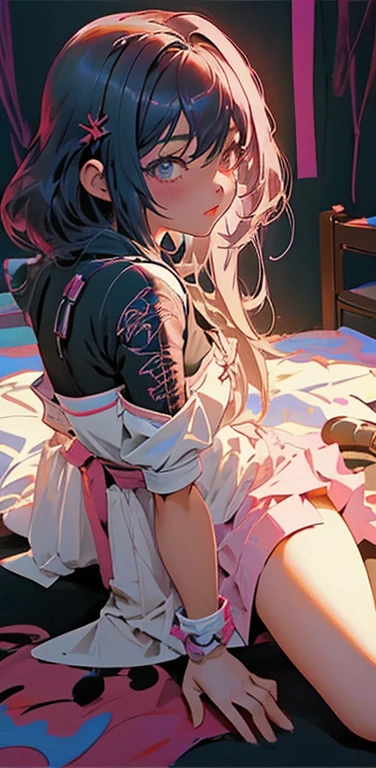 a woman that is laying down on a bed in her bedroom, she is facing the ceiling, she is wearing a miniskirt, Guviz-style artwork, style of anime4 K, Ross Tran 8 K, Digital anime art, Guweiz in Pixiv ArtStation, Guweiz on ArtStation Pixiv, e - girl, E-Girl, anime girl, Fanart Meilleure ArtStation，blacksilk [[view from far above]], highly detailed bedroom, 