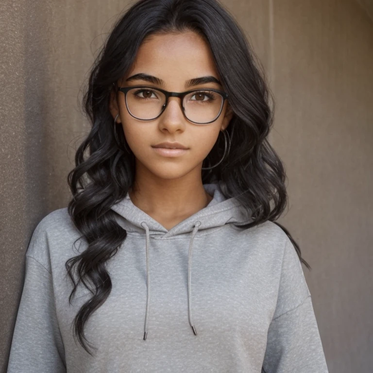 An  girl with an olive skin tone. She has wavy light-black hair that extends slightly past her shoulder. She wears plain gray hoodie and sweatpants. She has thin black frame glasses on her very realistic face