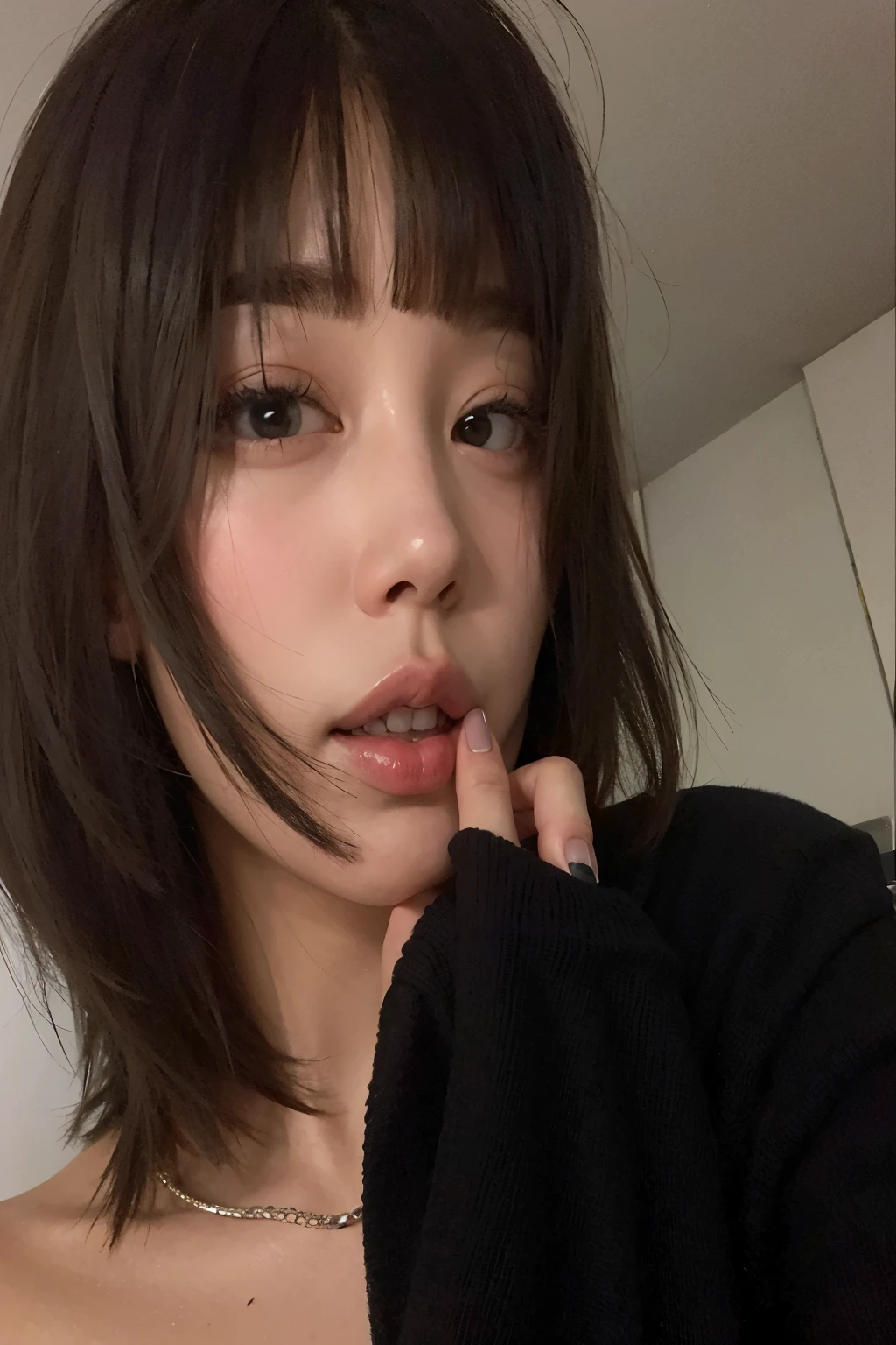 a close up of a woman with a short hair and a necklace, the hime cut, with bangs, with short hair, neat hair with bangs, lalisa manobal, black hime cut hair, ulzzang, chiho, white hime cut hairstyle, with full bangs, shikamimi, with short hair with bangs, sun yunjoo