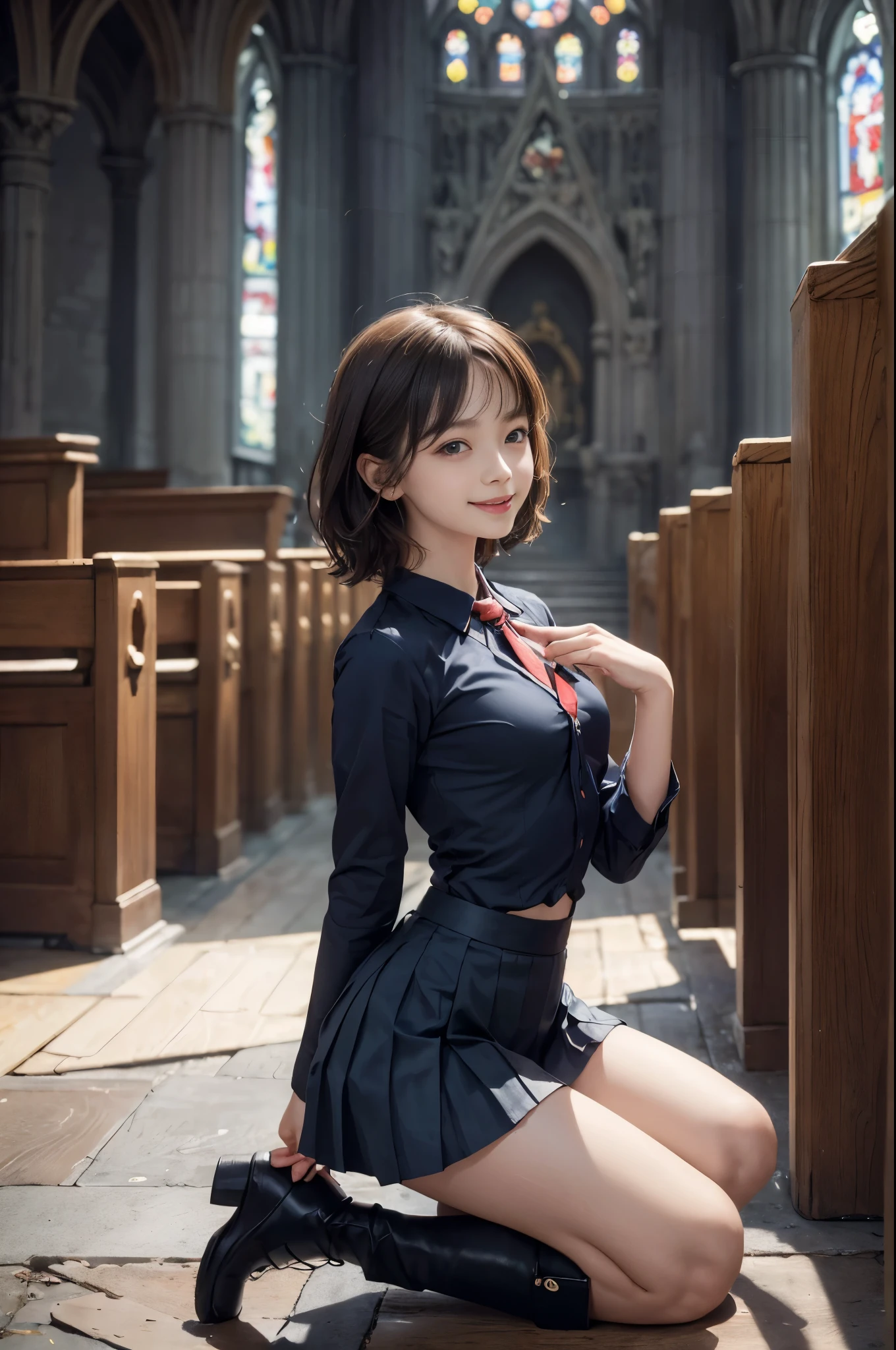 ((Full Body Esbione))、((sideshot))、((、small and flat chest))、 ((no bra, top,Mini pleated skirt in dark blue)), ((Red tie))、 ((Black boots))、((Kneeling prayer pose in church、Fold your hands))、((１In person))、((The background is the interior of a deserted Gothic church..))、((lofty nose))、((Delicate body))、((vertical upper body))、((clean、​masterpiece、Professional artwork、famousartwork))、((Perfect girl body))、((beautiful girl)),((Cute face))、 Very light skin ,short hair, Wavy Hair , Brown hair,japanes、 Photorealistic, direct lighting, Volumetric Lights, ultra-detailliert, Best Quality, Ultra-high resolution, nffsw, 8K Mastepiece, Best Quality, ((18years old、teens girl)),((big eye))、、Raw photo, absurderes, ((With smiling eyes、ssmile)), ((Opening Mouth)),