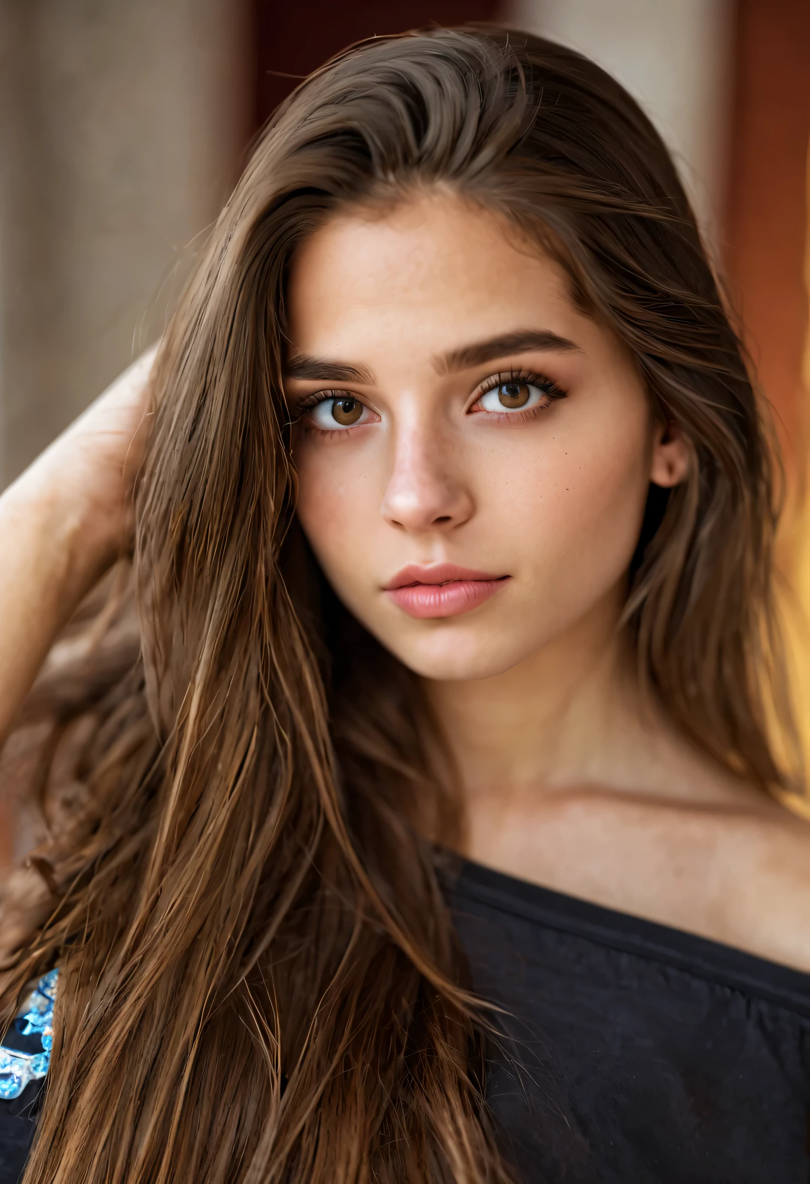 1girl 19 year old, solo, long hair, brown hair, beautiful detailed eyes, brown eyes, gorgeous lips, realistic nose, looking at viewer, off shoulder t-shirt, bare shoulders, highres, ultra-detailed, vivid colors, natural lighting, bokeh
