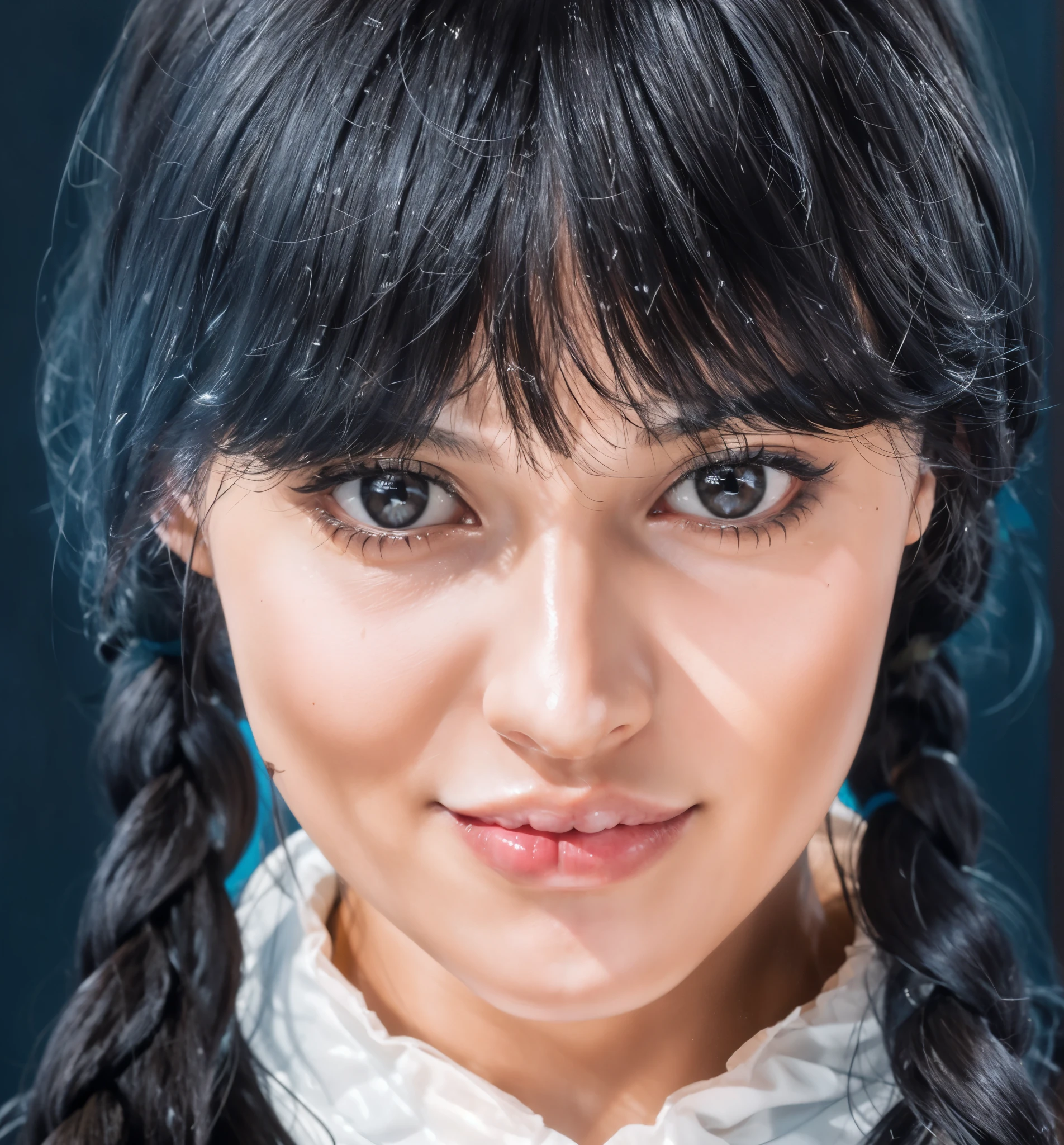 Beautiful girl with black hair bangs and pigtails, glossy skin, high resolution, 4k, realistic