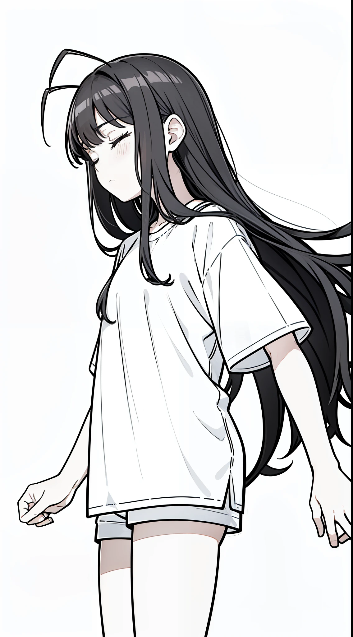 1girl,10s years,solo,black hair,long hair,(((hair 2antennas))),white shirt,short sleeves,white shorts,(white background, line drawing),closed mouth,closed eyes,sad,cowboy shot,from side