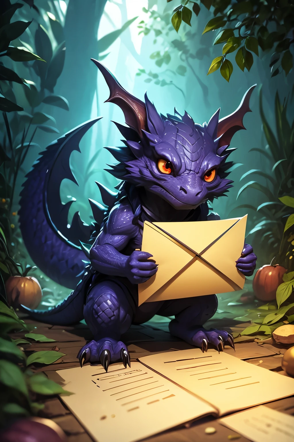 Dragon with big eyes holding an envelope in Everdell style