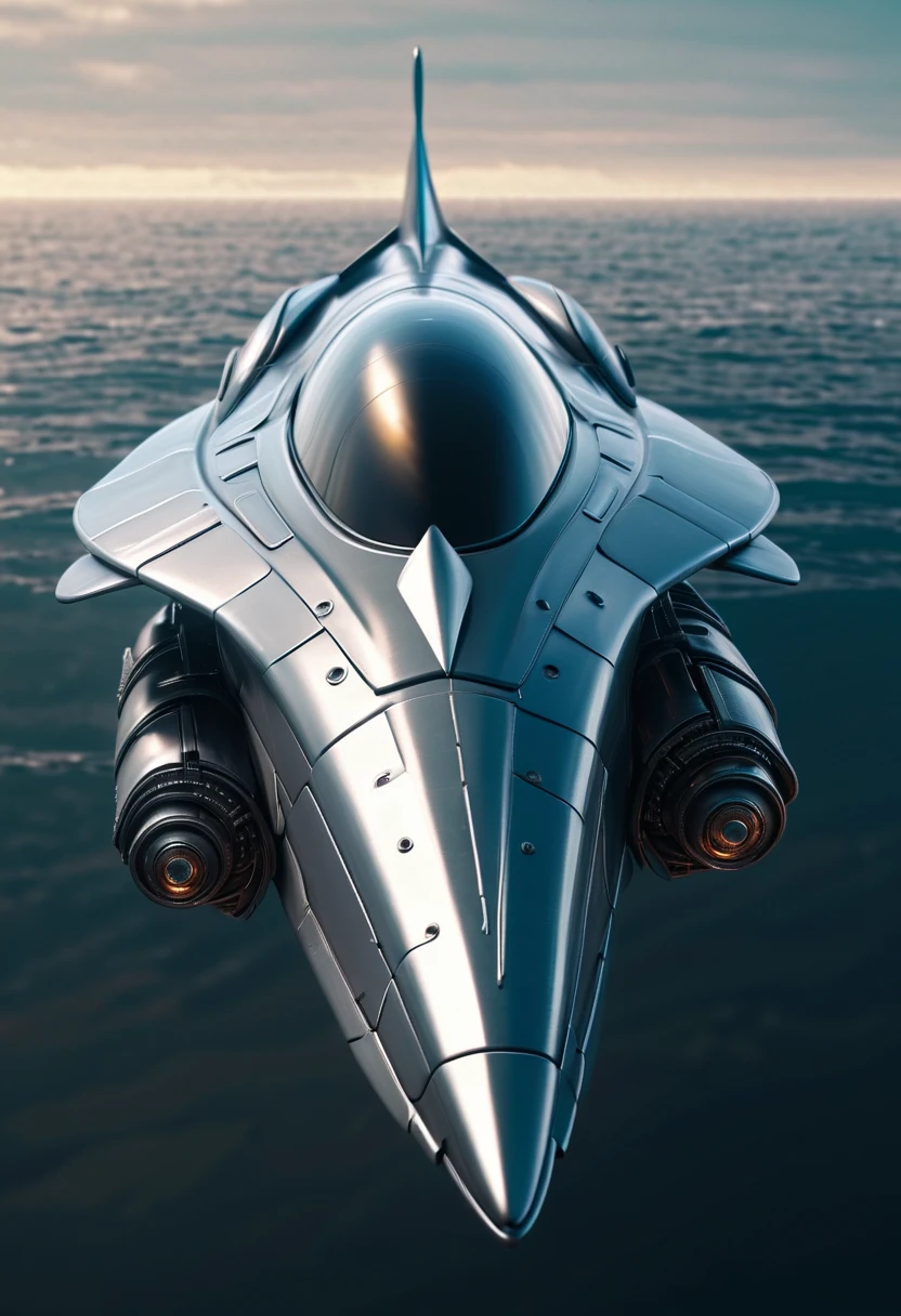Spaceship with metal dolphin appearance, plastic, blindagem Liza. planos futurista fundo nave de guerra em forma futurista voando 4k