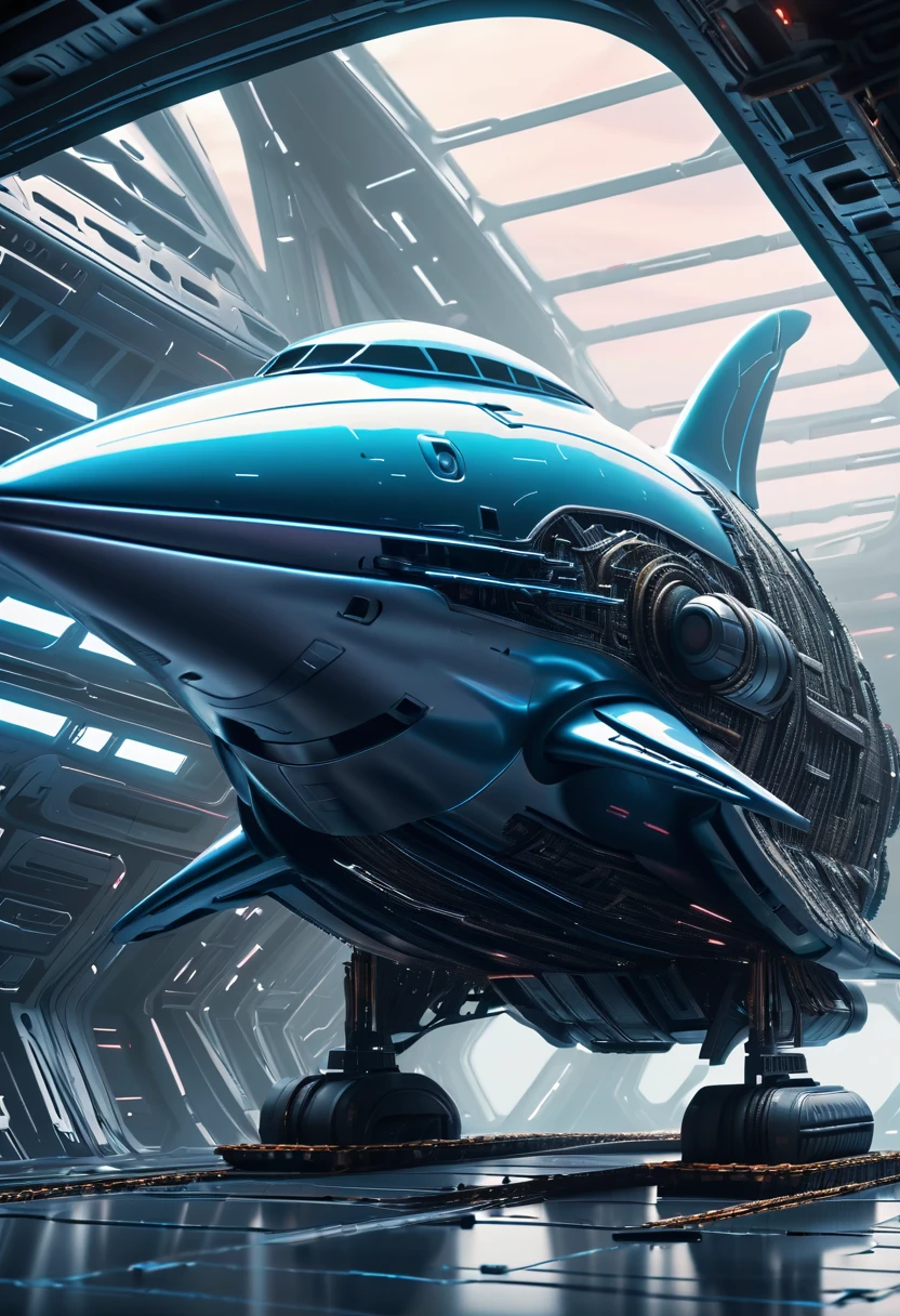 Spaceship with metal dolphin appearance, plastic, blindagem Liza. planos futurista fundo nave de guerra em forma futurista voando 4k