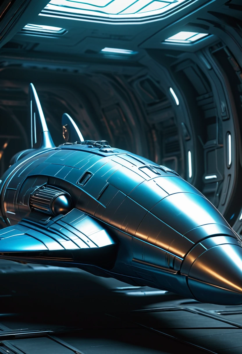 Spaceship with metal dolphin appearance, plastic, blindagem Liza. planos futurista fundo nave de guerra em forma futurista voando 4k