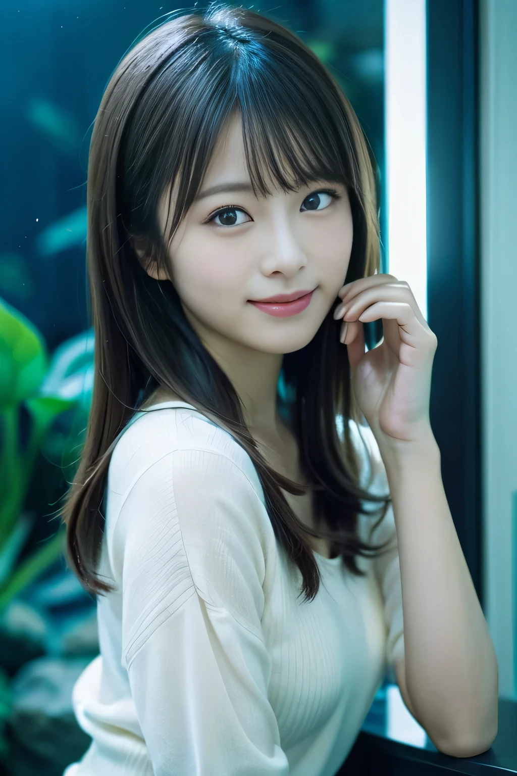 in 8K,Best Quality:1.4, 超A high resolution:1.5, (Photorealistic:1.4),​masterpiece:1.2,(top-quality:1.4)、 Raw photo、(the background is blurred), Aquarium ULL BODYSHOT:1.5、 Girl in 1, Cute, (Solo), (Shy smile), 、(30-years old:1.4)、to stand、Check miniskirt、Cute mini skirt、 (Brown medium hair,Bangs), (touch hair:1.4)、nogizaka、cute little、Supple fingertips,Beautiful black eyes、natural skin textures:1.3, realistic eyes and face details:1.7、middlebreasts、gazing at viewer、beauty legs、autumnal、long-sleeve、fish tank