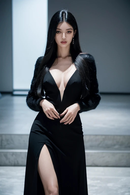 mulher branca, black long hair to the waist, wearing winter collection yves Saint Laurent,estilo vogue, corpo todo, feliz, arquetipo criativa