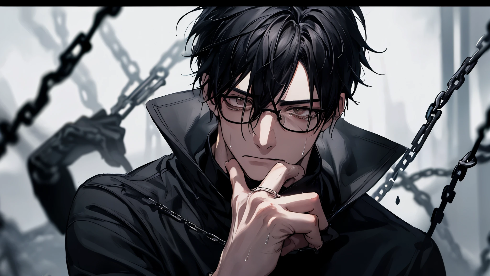 1 guy, black jeans, black sweater, rings on fingers, black nails, Glasses, black hair, a little sporty, Hand in pocket, Dead Eyes, depression, portrait, cinematic lighting, Blur background with chains, Best quality, black gloves, hung his head, rain, Dark tones, Wet, Brown eyes, In chains,in blood, skulls,against the background, the guy has no eyes, Tears,