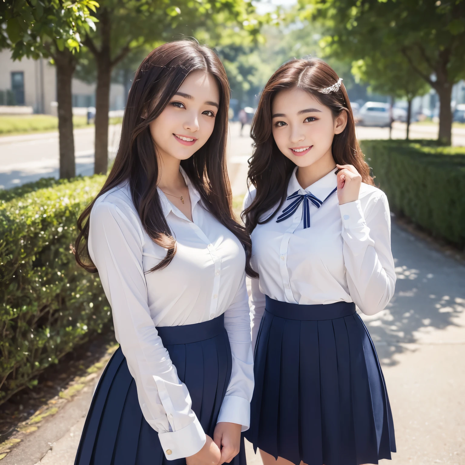 (masterpiece、highest quality、ultra high resolution、8K)、(1 very cute 14 year old girl:1.3)、(alone:1.4)、(pregnancy)、(Perfect composition where the girl fits neatly into the frame:1.2)、thin waist、thin、naive girl、(perfect ???????:1.3)、(wavy hair:1.1)、(big breasts:1.2)、emphasize the bust line、(high school white shirt:1.2)、(navy pleated skirt:1.2)、(Uniform ribbon that fits perfectly on the chest:1.2)、(Beautiful glowing skin:1.2)、Moist eyes、classy beautiful lipstick、perfect makeup、long eyelashes、elegant and beautiful eyeshadow、Gorgeous beautiful necklace、Brown glittery hair、Colors and landscapes of youth、feelings of love、outside、A shy smile looked at me、(very bright and refreshing:1.2) Waiting for facesitting to begin、(Show your beautiful teeth and smile big:1.1)