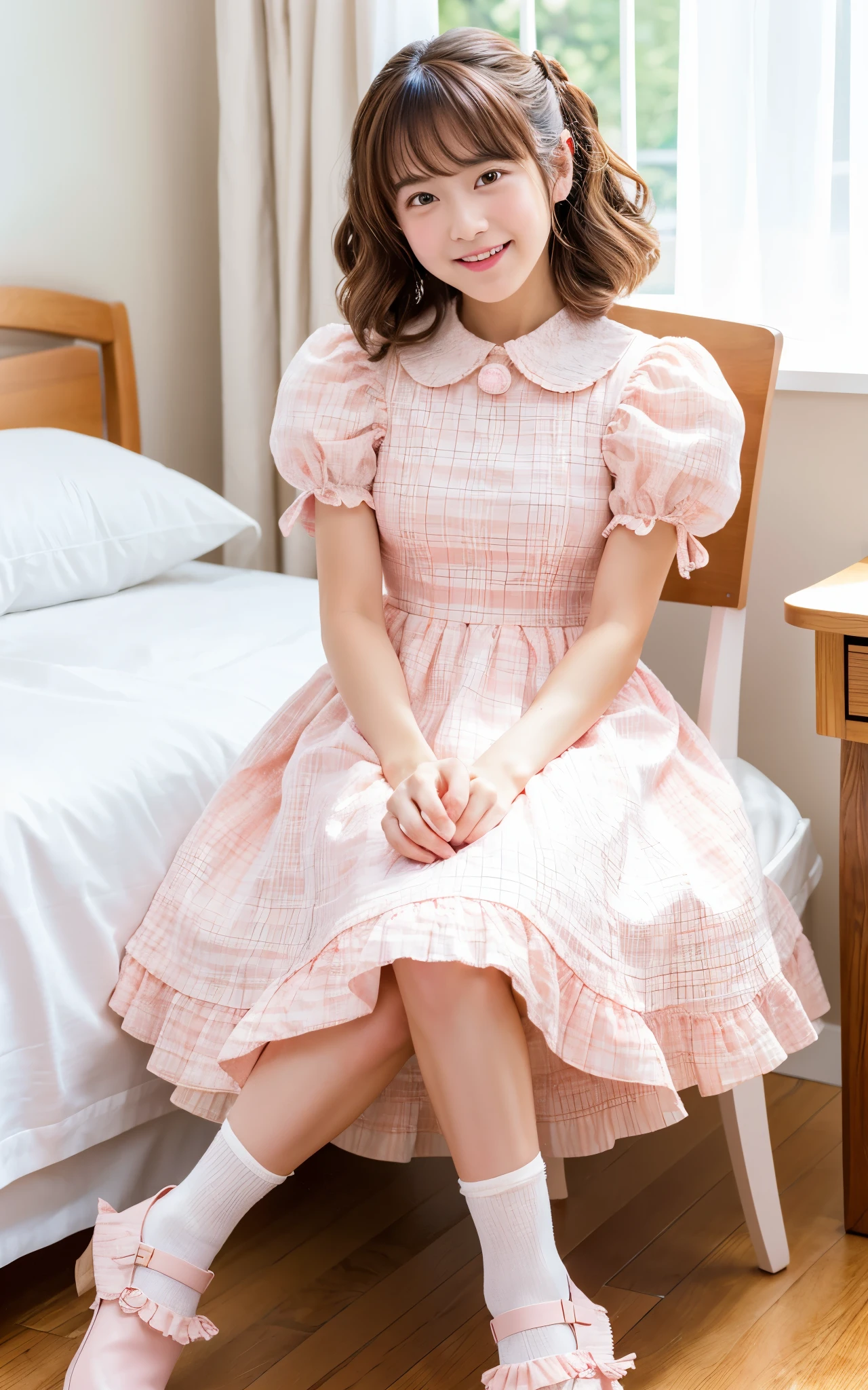 ((of the highest quality, 8K, masutepiece: 1.3)), Beauty, 1 Japan Girl, childish, (baby face:1.2, lower height), full body, brown hair, bob hair, (wavy hair, curl inward), 29 years old, Detailed face, very detailed lips, Detailed eyes, Double eyelids, Sweaty skin: 1.2, smile, opened mouth, (collared dress, light pink plaid dress, frilled dress, long dress, puffy sleeves, short sleeves, white socks, black footwear, mary janes), in the bed room, sitting on the chair,