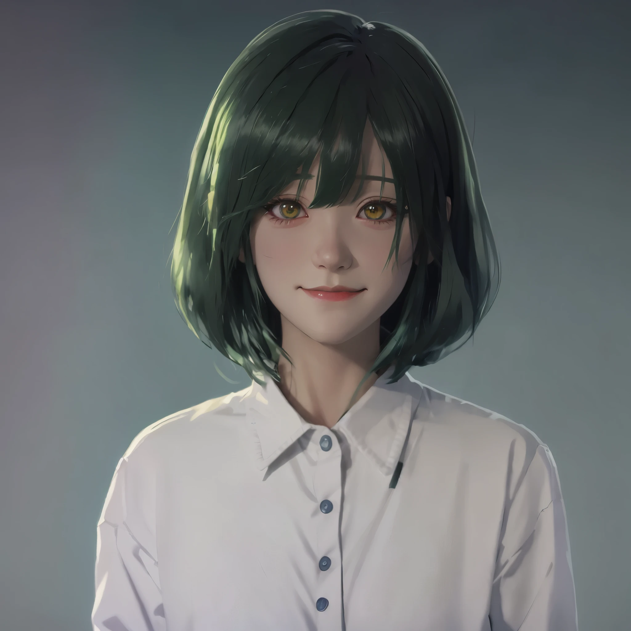 Anime girl with green hair and white shirt on a green background, Realistic anime 3d style, anime realism style, Created at Anime Artist Studio, realistic anime art style, Photorealistic anime girl rendering, anime style. 8K, Smooth anime CG art, anime realism, realistic anime art style, semirealistic anime style, Drawn at Anime Painter Studio, realistic 3d animation, yellow eyes, smile