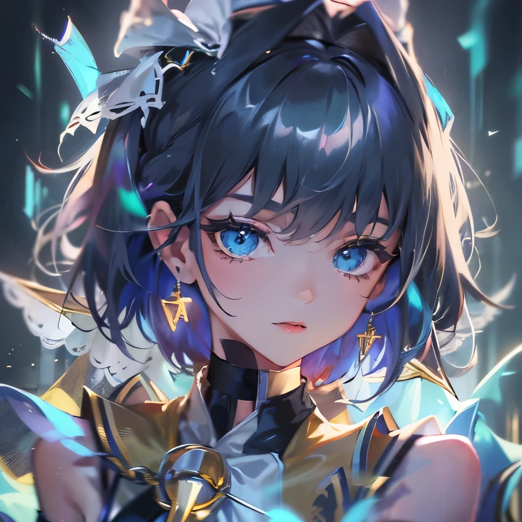 (masterpiece), 8k cg, stunningly beautiful girl, intricate details, chromatic aberration, ((bust shot)), ((looking at viewer)), 1girl, Kronii Ouro, (KroniiBase, dark blue hair, short hair, hair intakes, chain, veil, bow earrings, striped crop top, white vest, blue bow, black skirt, detached sleeves, black gloves, black thighhighs), blue Eyes, extremely beautiful and delicate portrait, confident smile, white smoke, gold lightning, magic sfx, absurdres, cinematic lighting, dynamic lighting, fantasy, ((dark background, fog))