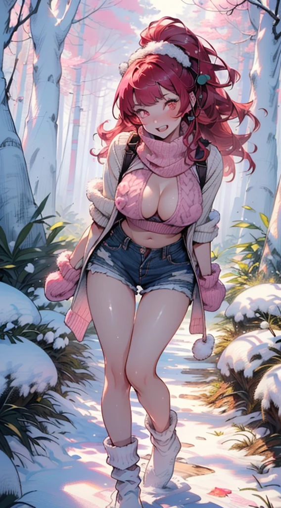 explorer girl,1girl,((extremely cute and beautiful red haired explorer girl)),(((18 years old))),(large breasts:1.4),((((red hair:1.35,absurdly long unkempt hair,ponytail red hair,bangs,colored inner hair,ear breathing)))),(((red_eyes:1.3))),intricate eyes,beautiful detailed eyes,symmetrical eyes,((((lustrous skin:1.5,tanned skin,bright skin:1.5,skin tanned,shiny skin,very shiny skin,shiny body)))),(spider lower abdomen,narrow waist,wide hip,athletic body,inflated legs,thick thighs,detailed body,(detailed face)),((heart pupils:1.5,heart:1.3,hearts:1.3,heart marks:1.3)),(ahegao face:1.5),
cute,slutty,seductive,erotic,(nsfw),
((large white socks:1.5,socks texture must be natural)),((deep V sweater:1.5)),((no bottoms)),((white mittens:1.5,white scarf:1.5),((navel)),((shorts,short shorts,denim shorts)),(((unzipped, open fly))),
(dynamic pose:1.0),embarrassed,(centered,scale to fit dimensions,Rule of thirds),
((snowy pink cherry forest:1.5,pink theme forest:1.5)),winter,scenery:1.25,((intricate scenery)),((snow forest background)),Christmas tree,
(Glossy winter ornaments),highres,sharp focus,(ultra detailed,extremely detailed),(photorealistic artwork:1.37),(extremely detailed CG unity 8k wallpaper),(((vibrant colors,vibrant theme))),(intricate),(masterpiece),(best quality),
