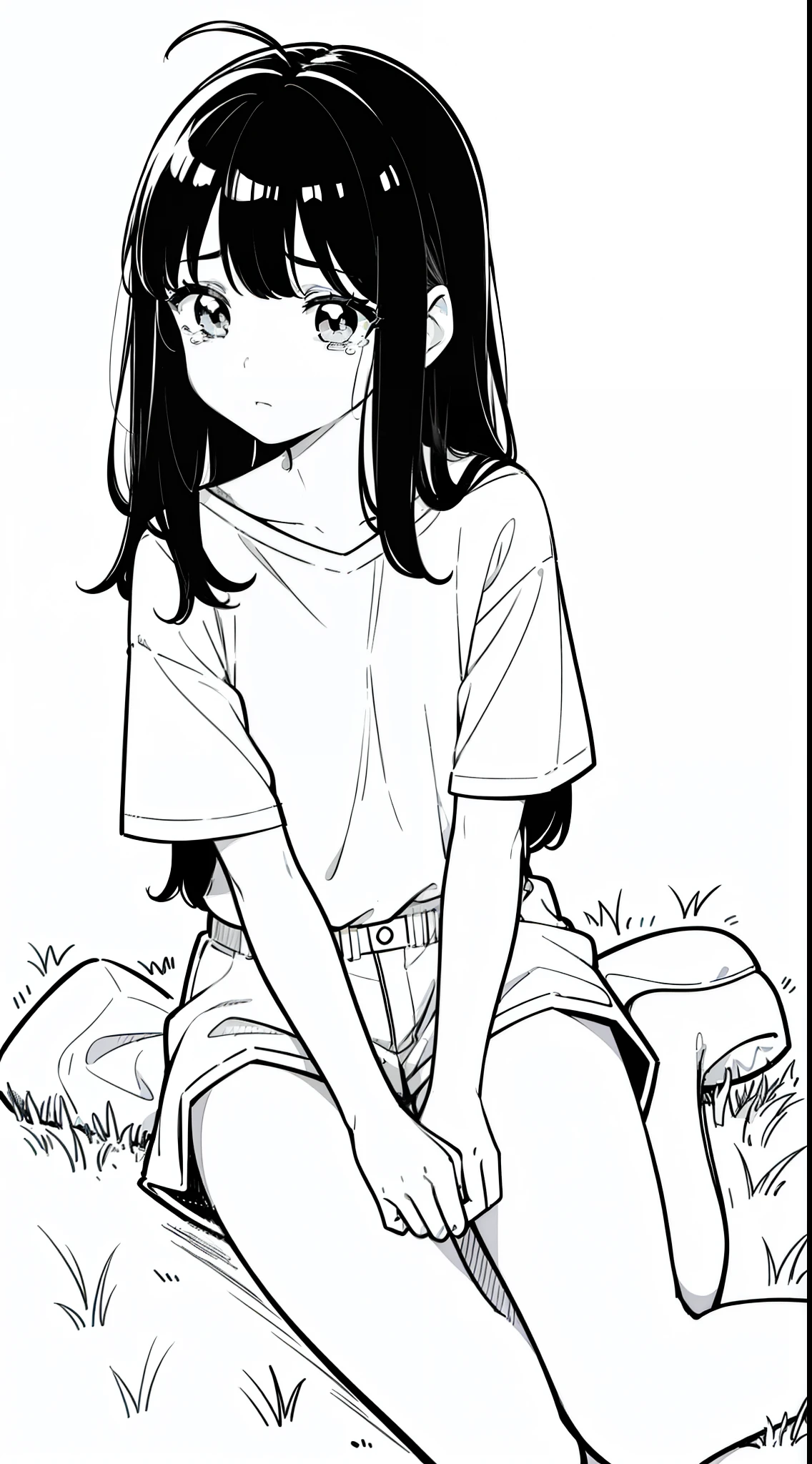 ((1girl,10s years old)),solo,black hair,long hair,(((hair 2antennas))),white shirt,short sleeves,white shorts,(, line drawing),closed mouth,black eyes,from front,crying,sitting on grass
