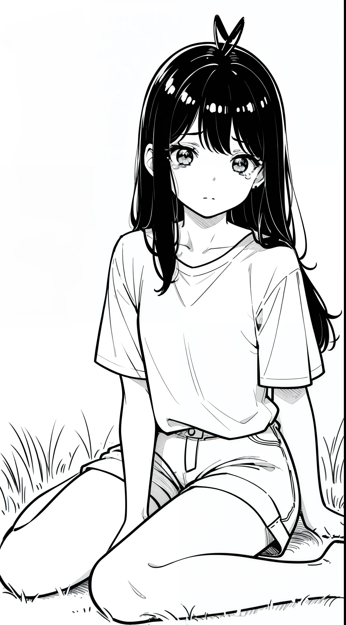 ((1girl,s ye,solo,black hair,long hair,(((hair 2antennas))),white shirt,short sleeves,white shorts,(, line drawing),closed mouth,black eyes,from front,crying,sitting on grass