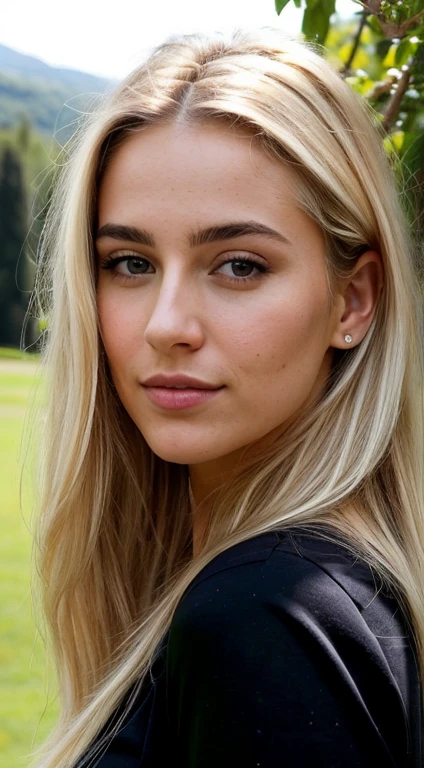A 23-year-old blonde woman, ((pechos grandes)), ((hiperrealismo)) ,. blonde hair with light brown roots. cabello rubio, Hair with brown roots, cabello extra largo, cabello muy largo, Cabello muy largo, hermoso, vista frontal, autofoto, Foto tomada con iPhone, elegante camisa negra con escote, escotada, autofoto in the garden, alta calidad, autofoto iPhone, escote
