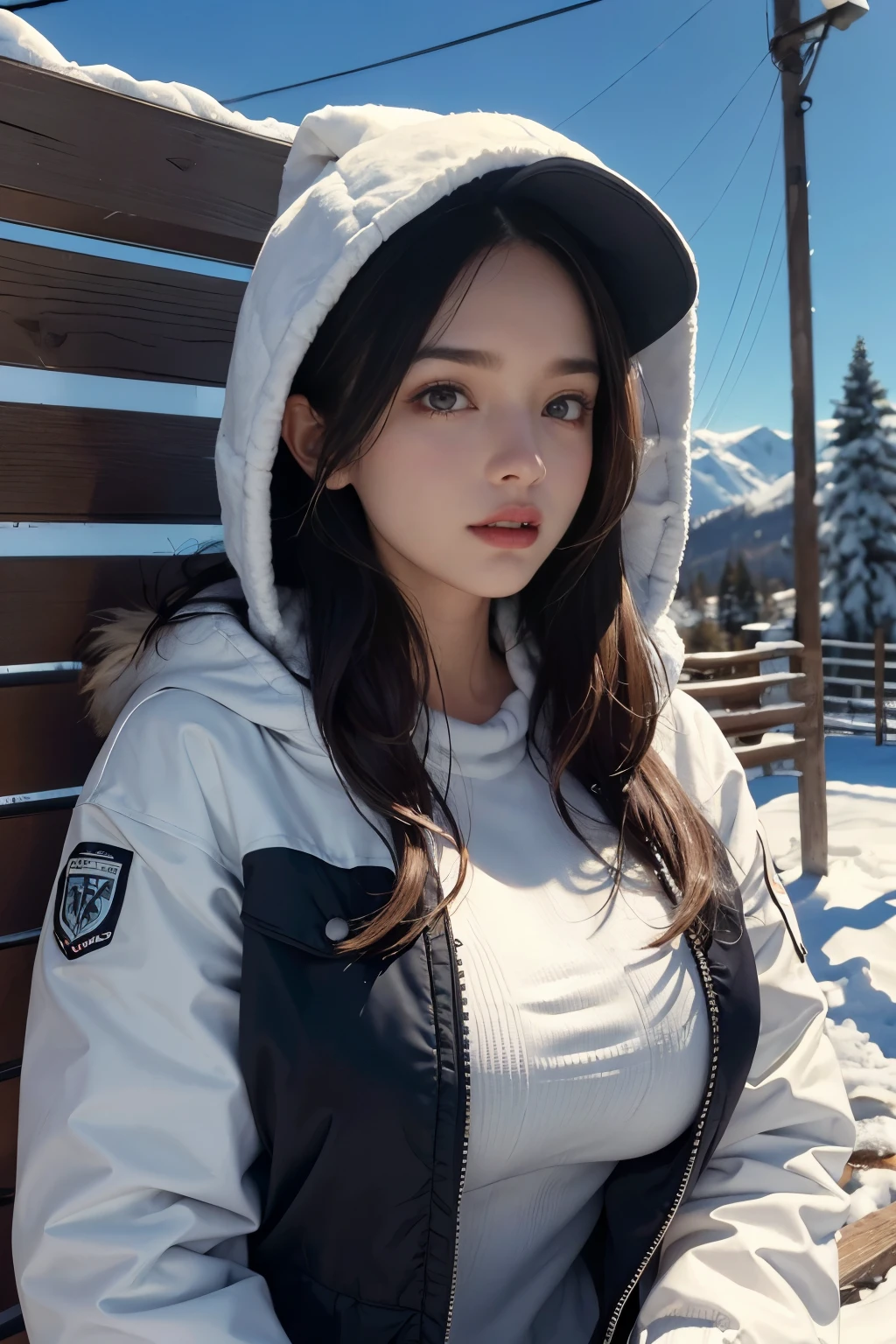 ropa de refugio, (big tits) blusablanca, ski jacket blanco, piel guepardo, ropa con mucho pelo blanca, abrigo invierno blanco, parka blanca, tetas grandes, a 20 year old female, Pelo largo y rojo, con tetas grandes, tema oscuro, tonos relajantes, colores apagados, alto contraste, (textura natural de la piel, (hiperrealismo) tetas grandes, refugio, parka, realista, alta calidad foto.