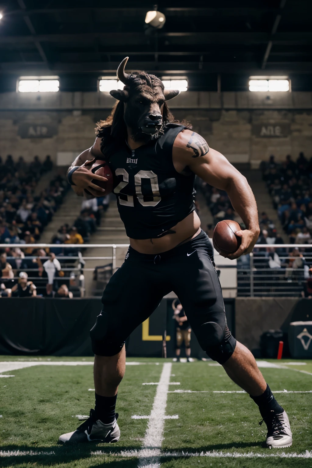 A minotaur playing american football, black bull face, bull, professional picture, black hairy humanoid bull, dynamic shot