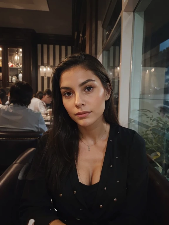 Femme brune, cheveux long, visage parfait, yeux parfait, peau parfaite, dim interior lighting, restaurant 