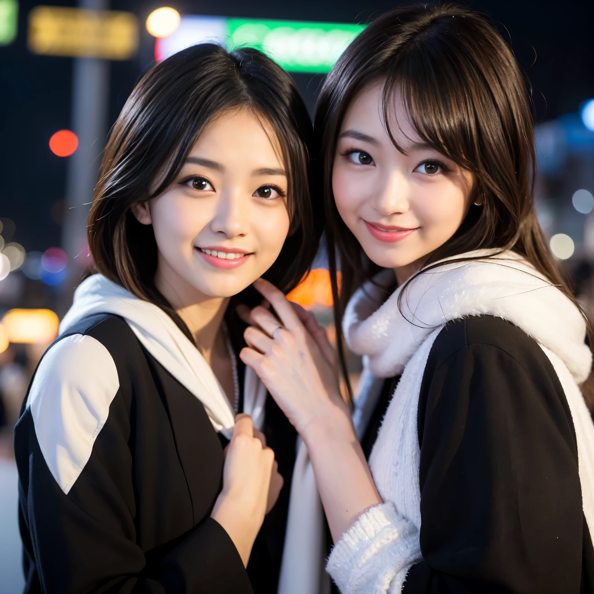 Best-quality, Masterpiece, Ultra-High-Resolution, (Photorealistic:1.4), Raw-Photo, A lesbian couple, 18-years-old girl and 25-years-old woman, Late at night, In the middle of winter, At Hiroshima's entertainment distric, (The 18-year-old girl, the most famous Japanese idol, wearing cute down-jacket, extremely beautiful black-short-cut-haired, extremely cute face like the most popular Japanese idol, (((extremely beautiful big-black-eyes))), extremely beautiful skins, extremely beautiful long-eyelashes, extremely beautiful lips, skinny-body), 
(The 25-year-old woman, the most famous Japanese actress, wearing expensive-coat and business suit, extremely beautiful brown-long-haired, extremely beautiful face like the most popular Japanese actress, (((extremely beautiful big-solid-circle-eyes))), extremely beautiful skins, extremely beautiful long-eyelashes, extremely beautiful lips, perfect-proportion), 

Both wearing matching scarves, both drunk,  both walking staggered, looking at viewer, both laughing-out-loud