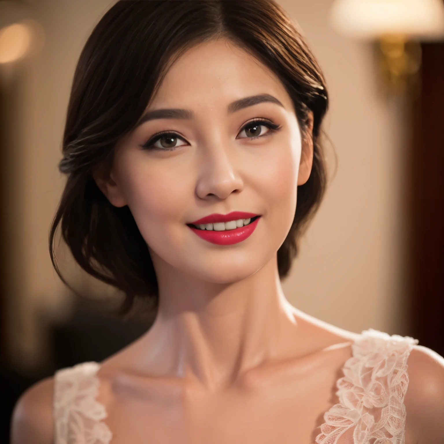 ((highest quality、8K resolution、master masterpiece、professional photography)), Photoreal, (Beautiful at 50 years old:1.3), (wrinkled face:1.2)、(1 female:1.2)、(elegant pink lace clothing:1.1)、wrinkles around the eyes,stand gracefully、(plump and soft body、clavicle)、the most elegant and beautiful hairstyles、Romantic evening、(A sad smile stares at me:1.2)、Beautiful shape big breasts、soft and beautiful cleavage、perfect makeupアップ,Dark red lipstick,perfect makeup,eye shadow、long eyelashes、luxurious and romantic lighting、very moody and romantic、low contrast、gorgeous portrait photography、(Ultra high definition white skin)、blurred background、feelings of love