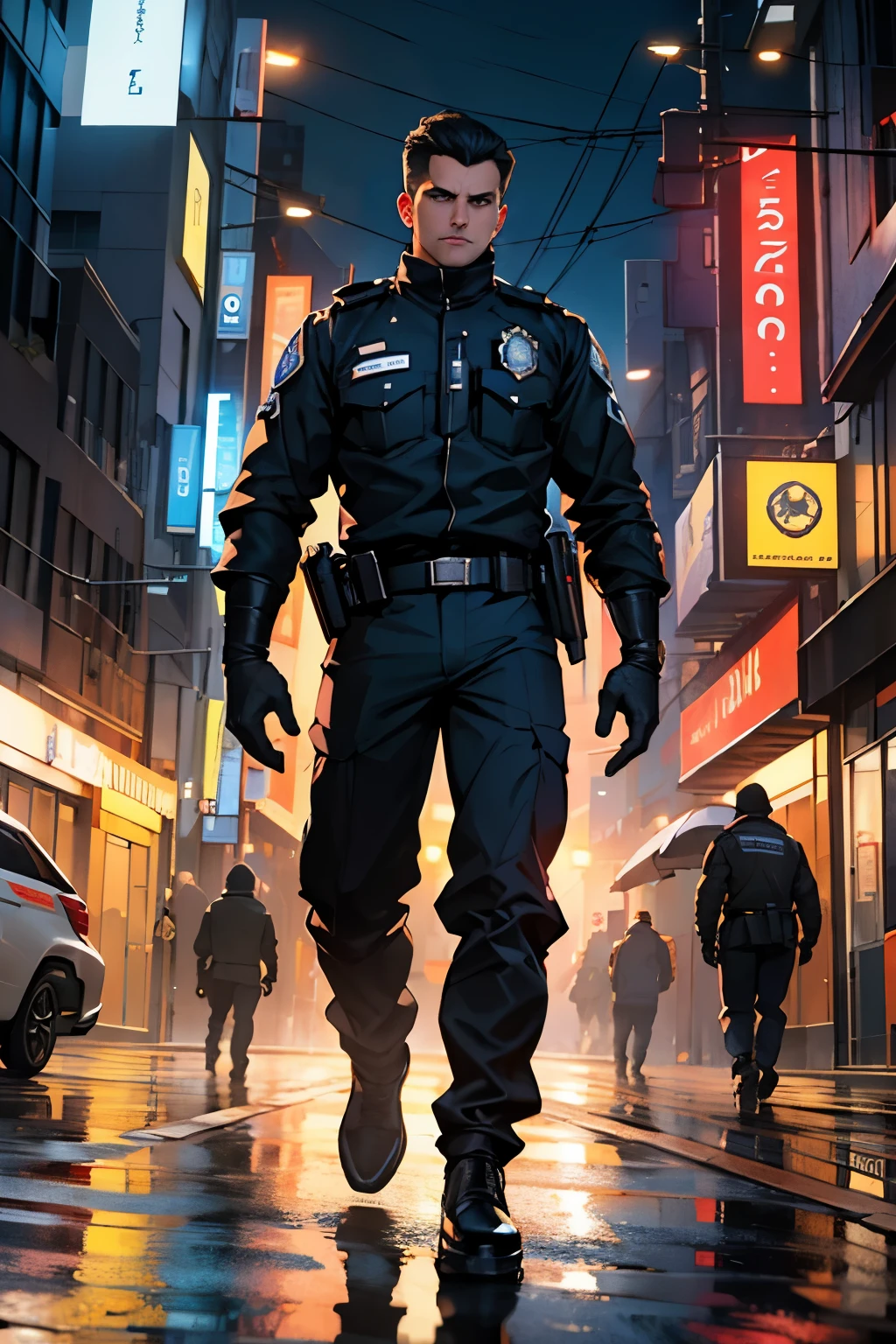 5_Androids_Tumultos_sobre_o_rua_apavorante_atmosfera, escudos antimotim, intricate pattern, Metal pesado, linhas de energia, sem rosto, olhos brilhantes, intenso, Uniforme vermelho e preto sangue, NEW ERA Poster, moderno, CIDADE, ruas, dynamic poses, dynamic angle, Nuvens escuras, Trovoada, chuva pesada, dramatic lighting, Fogo, CAOS, ultra-detalhado, 8k with police cars behind