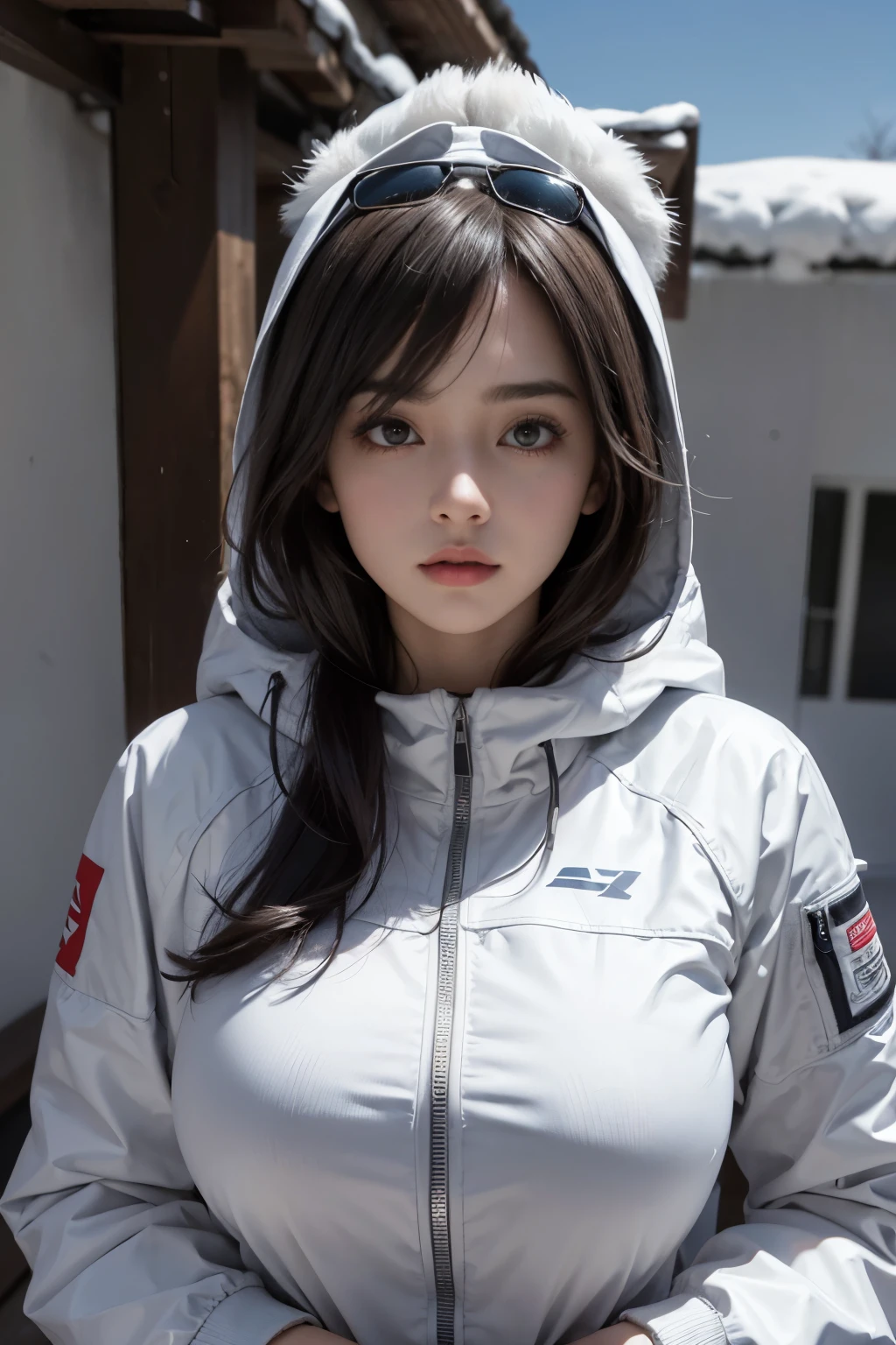 ropa de refugio, (big tits) blusablanca, ski jacket blanco, piel guepardo, ropa con mucho pelo blanca, abrigo invierno blanco, parka blanca, tetas grandes, a 20 year old female, Pelo largo y rojo, con tetas grandes, tema oscuro, tonos relajantes, colores apagados, alto contraste, (textura natural de la piel, (hiperrealismo) tetas grandes, refugio, parka, realista, alta calidad foto.