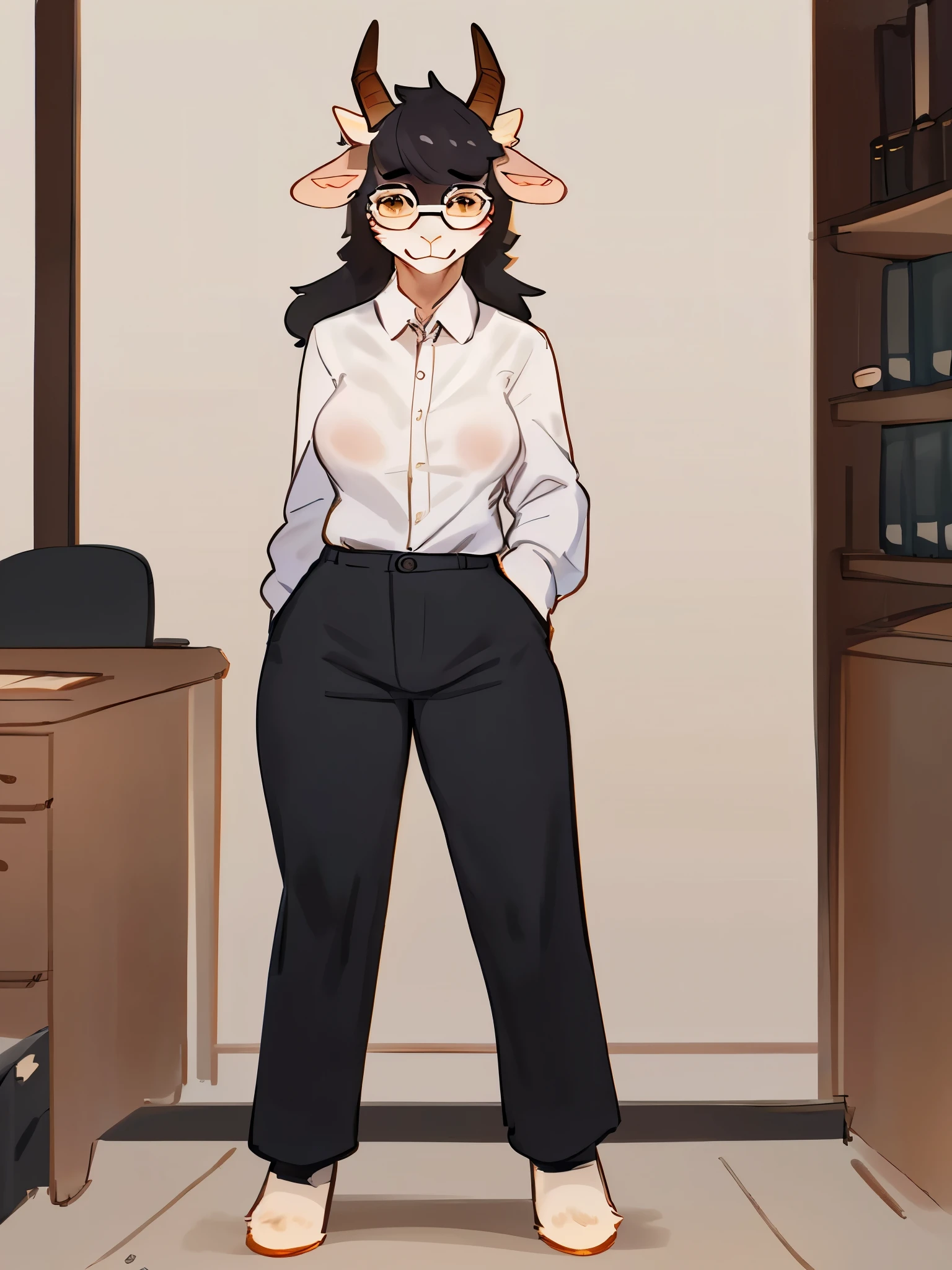 By bebebebebe, by lostgoose, by goonie-san, goat, solo, female, horns, nervous, shy, (((rectangular glasses))), (hair, snout), medium breasts, white button up shirt, tight black pants, standing, bow legged, office