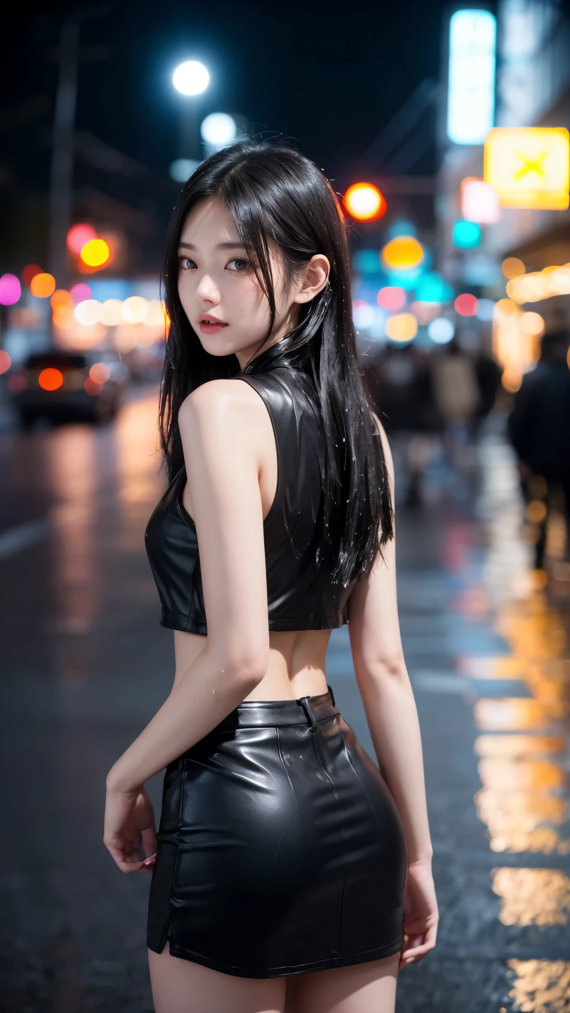 1女of子,alone,long hair,rough skin,From the back,顔of焦点,(looking at the viewer:1.2),wet hair,dark,polaroid,(depth_of_field:1.5),雨of日,outdoor,street,目of間of毛,moody lighting,Tyndall effect,映画ofような照明,night,street lamppost,Lens flare,Available light,rim light,Glowing neon lights,winding,赤いシルクofドレス,韓国of女of子,
