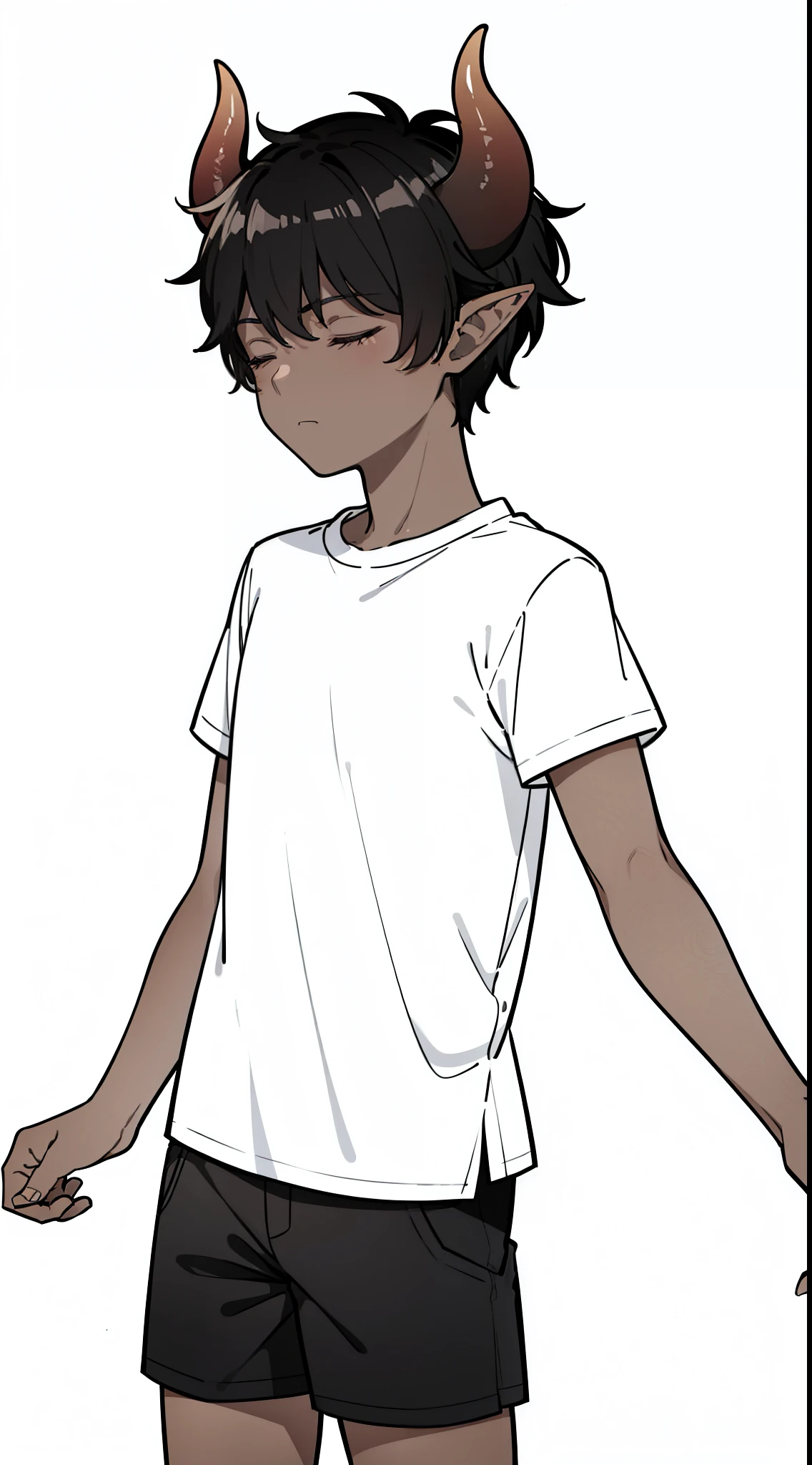 1boy,10 years,solo,sad,((dark skin)),((white shirt,short sleeves,black shorts)),Short hair,black hair,elf ears,(horns),(white background,line drawing),closed eyes,form side,cowboy shot