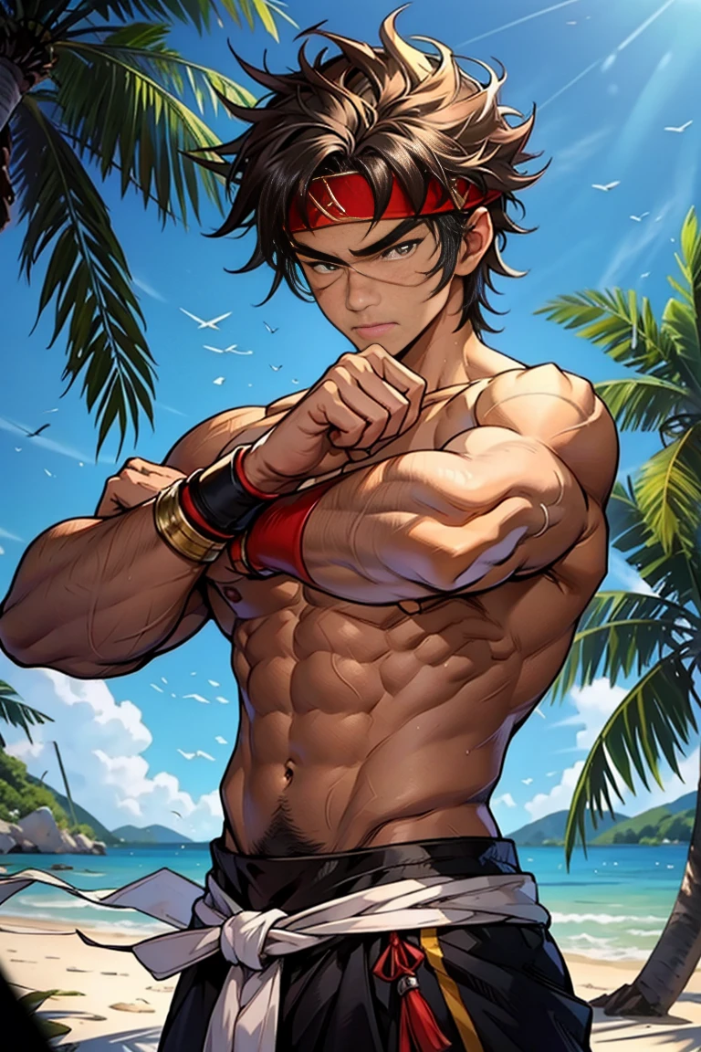 (Masterpiece, Best quality  boy，Shota), solo, Young, boy, Dark Short hair, full bodyesbian, Shirtless, babyface, topless, green headband, Vivid colors,(Depth of field:1.2),(Abs), view the viewer, black wristband, closed mouth, serious, topless male, pale tanned skin with tight muscler body, Man with martial arts stance, epic kung fu pose,