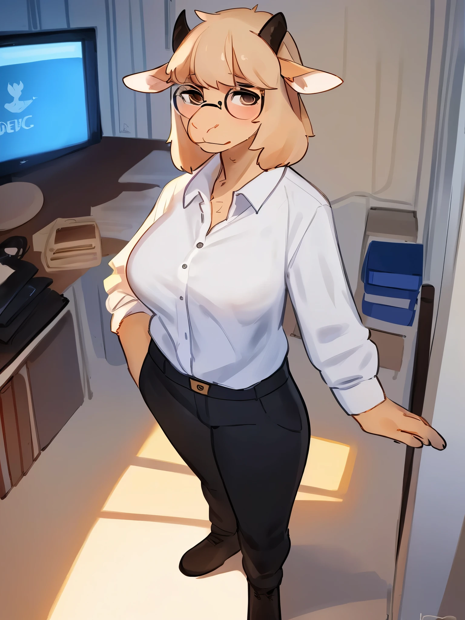 By bebebebebe, by lostgoose, by goonie-san, goat, solo, female, nervous, shy, (((rectangular glasses))), (tan hair, snout), medium breasts, white button up shirt, tight black pants, standing, bow legged, office
