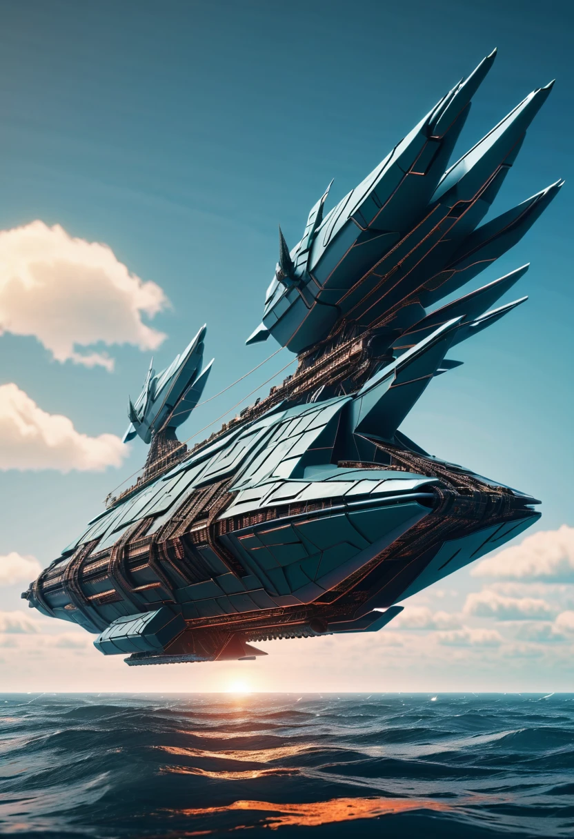 Metal bird-like ship, plastic, blindagem Liza. planos futurista fundo nave de guerra, futurista voando 4k