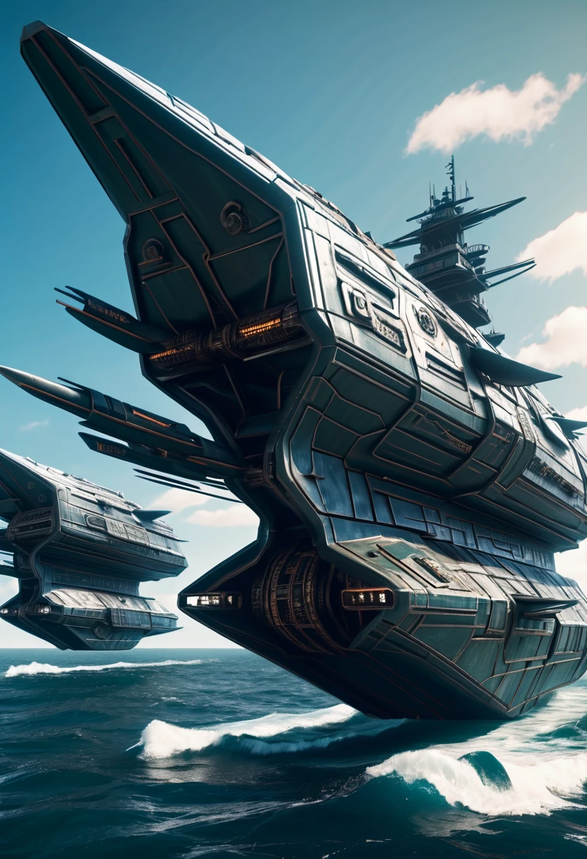 Metal bird-like ship, plastic, blindagem Liza. planos futurista fundo nave de guerra, futurista voando 4k