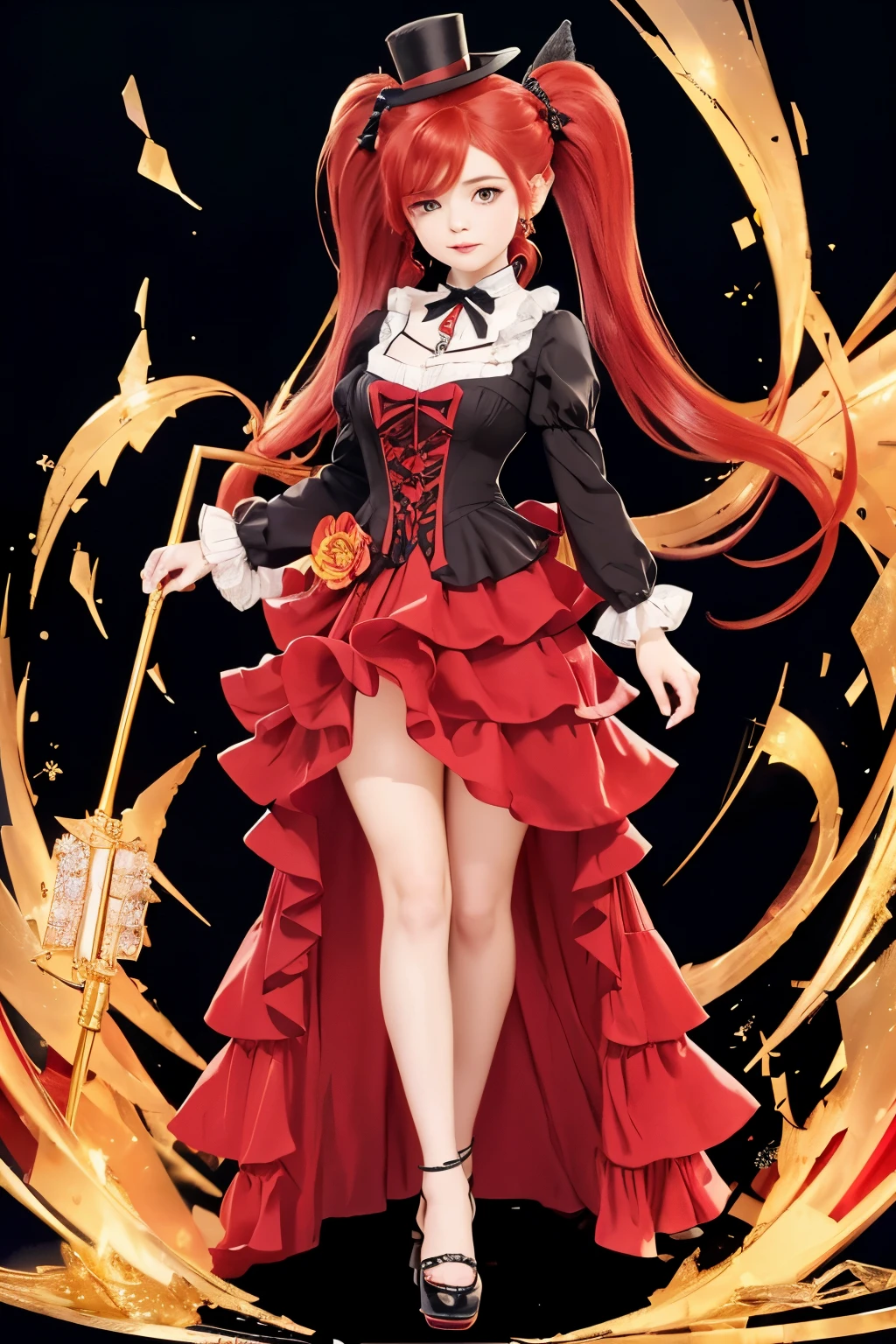 (bu5tl3, dress, long dress, full body, victorian era dress,( la brava, twin tail, red hair, large layered dress)), red and black dress highlights, yellow flower in hat, holding diamond cane, diamond necklace ((facing towards viewer))