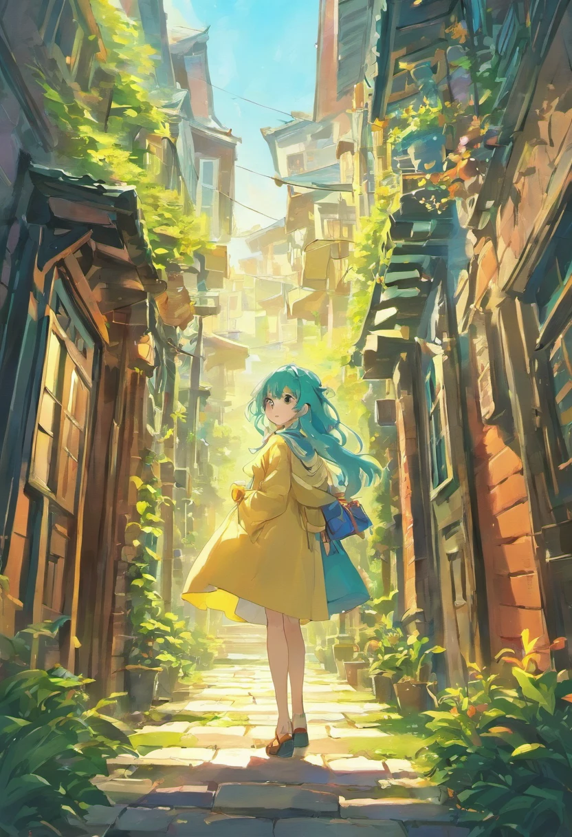 (super detailed,Ghibli-like colors,vibrant flowers and plants,towering over the houses,oil painting texture,dreamlike atmosphere,ethereal lighting)