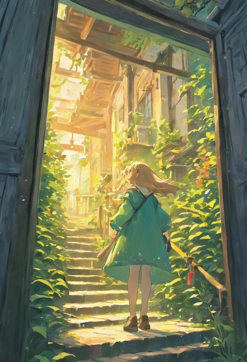 (super detailed,Ghibli-like colors,vibrant flowers and plants,towering over the houses,oil painting texture,dreamlike atmosphere,ethereal lighting)