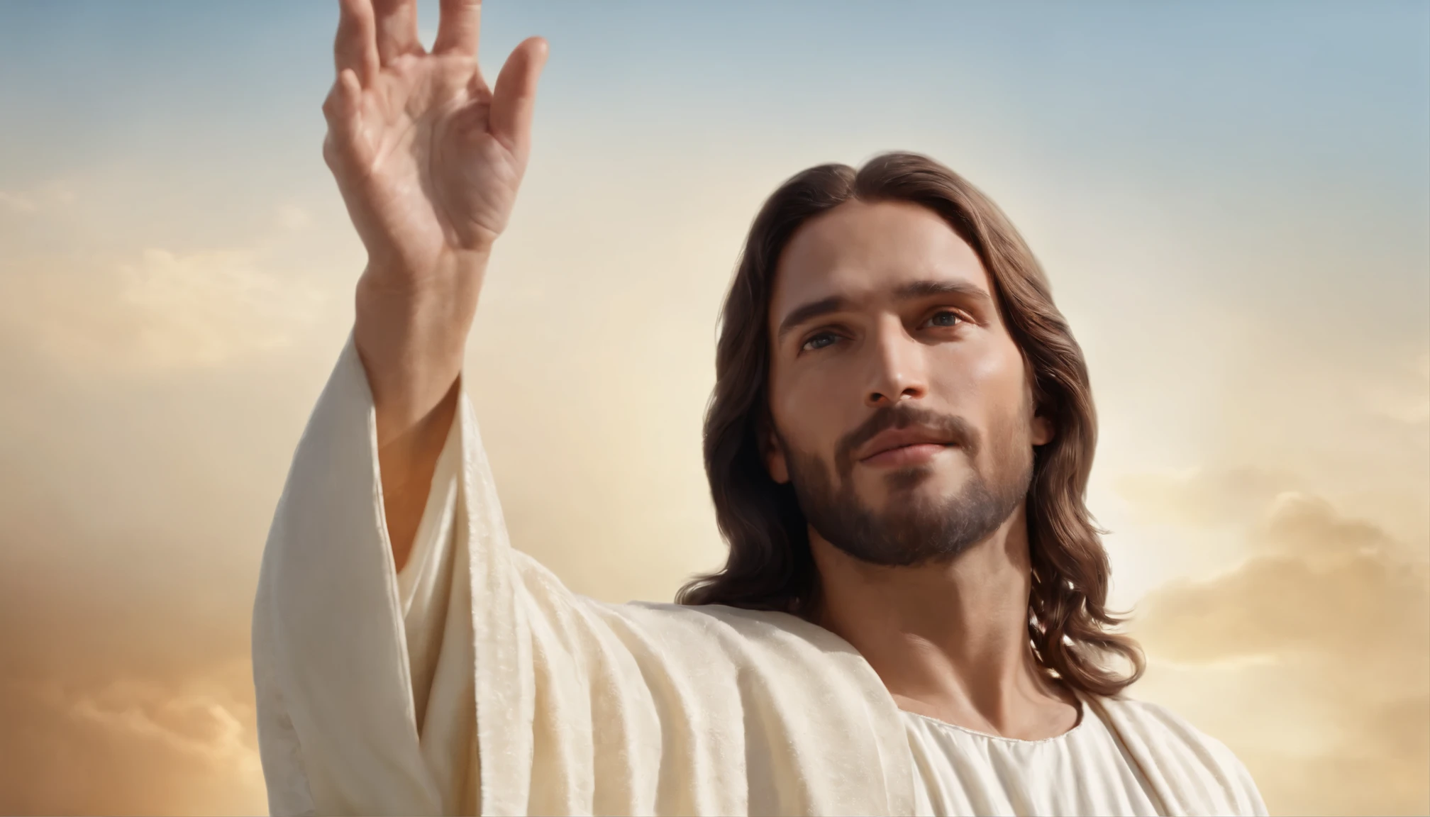jesus cristo glorioso, jesus cristo com vestes brancas ressuscitado, he is happy, he is in glory, blue sky, envolto em luz do sol. (realistic:1.3), insane detailed, quality, (masterpiece:1.2), (photorealistic:1.2), (best quality), (detailed skin:1.3), (intricate details), ray tracing, ((half body)),  (((1 person))),