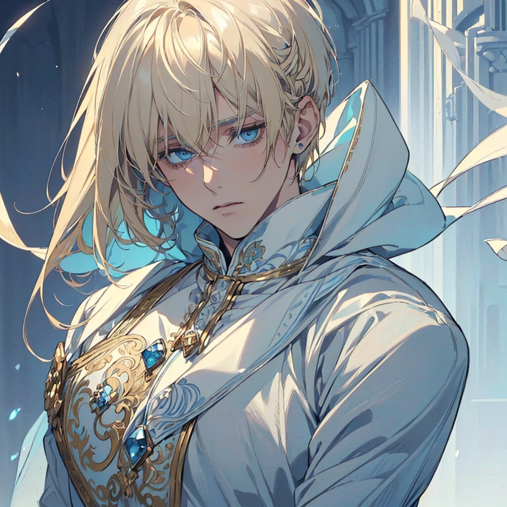 (((I want a man alone, short light blonde hair with a big fringe on his face, serene light blue eyes, a slightly effeminate but detailed and beautiful face, muscular body, wearing a suit)))